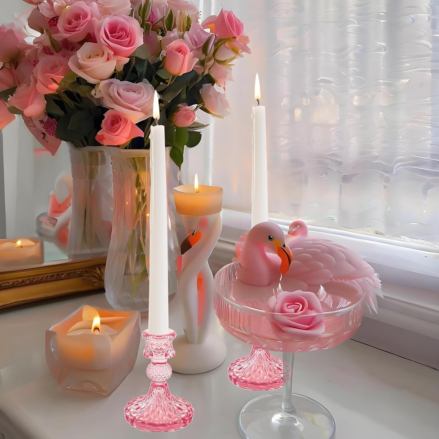 Glass Candlestick Holder,Striped Taper Candle Holders,Set of 6 Candle Stand for Table Centerpieces, Home Decor,Weddings,Festival and Parties (Peach Red Dimond) - Image 4