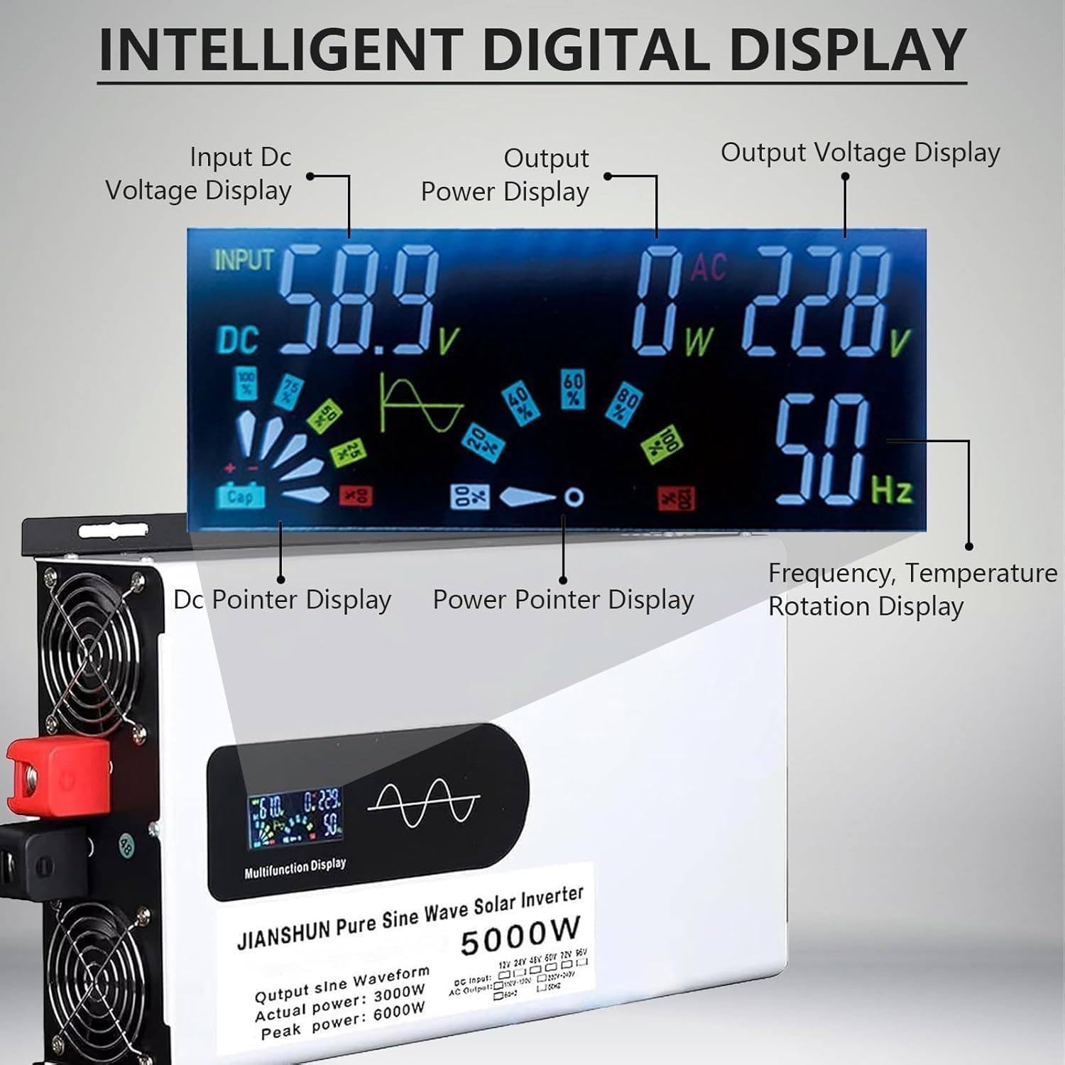 Inverter A Onda Sinusoidale Pura da 3500 W, Potenza di Picco di 7000 W, Corpo Interamente in Metallo con Display Intelligente HD, per Camper, Pannelli Solari 12v