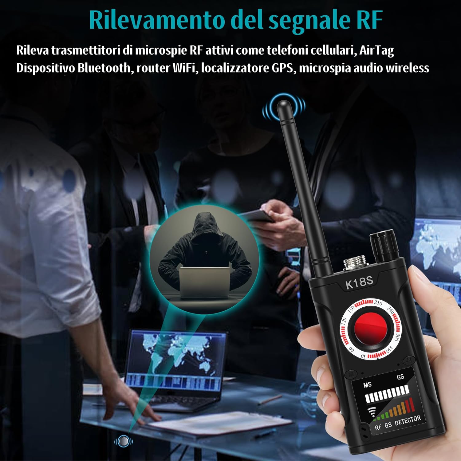 Person using the K18 detector for RF signal detection in an office setting