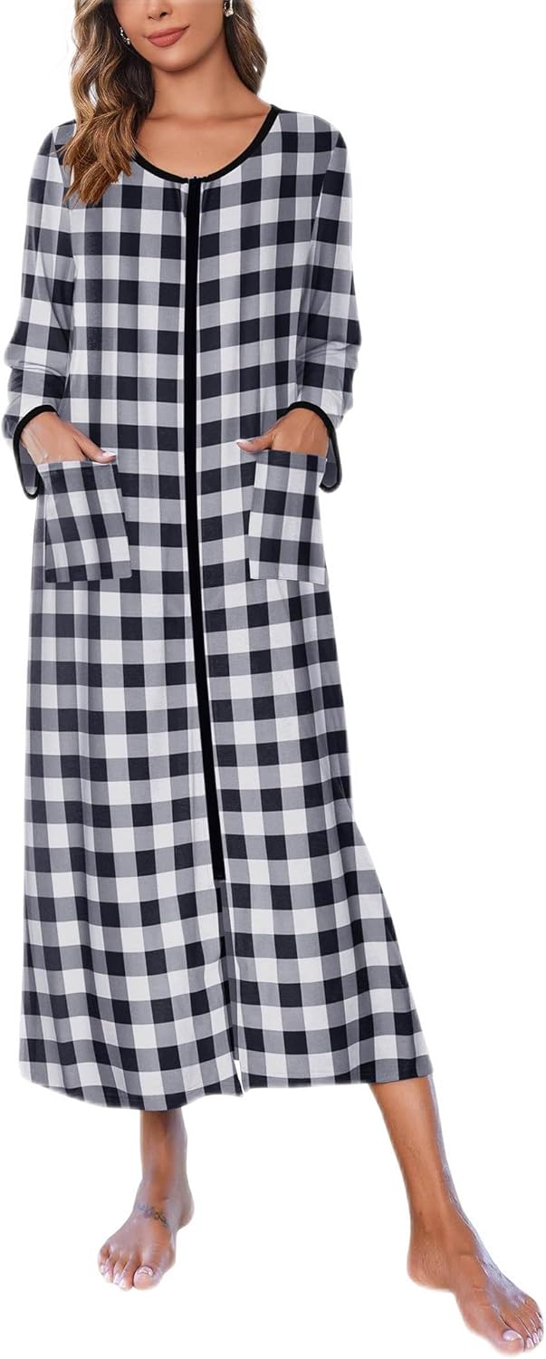Ekouaer Women Long House Coat Zipper Front Robes Full Length Nightgowns with Pockets Striped Loungewear S-4XL
