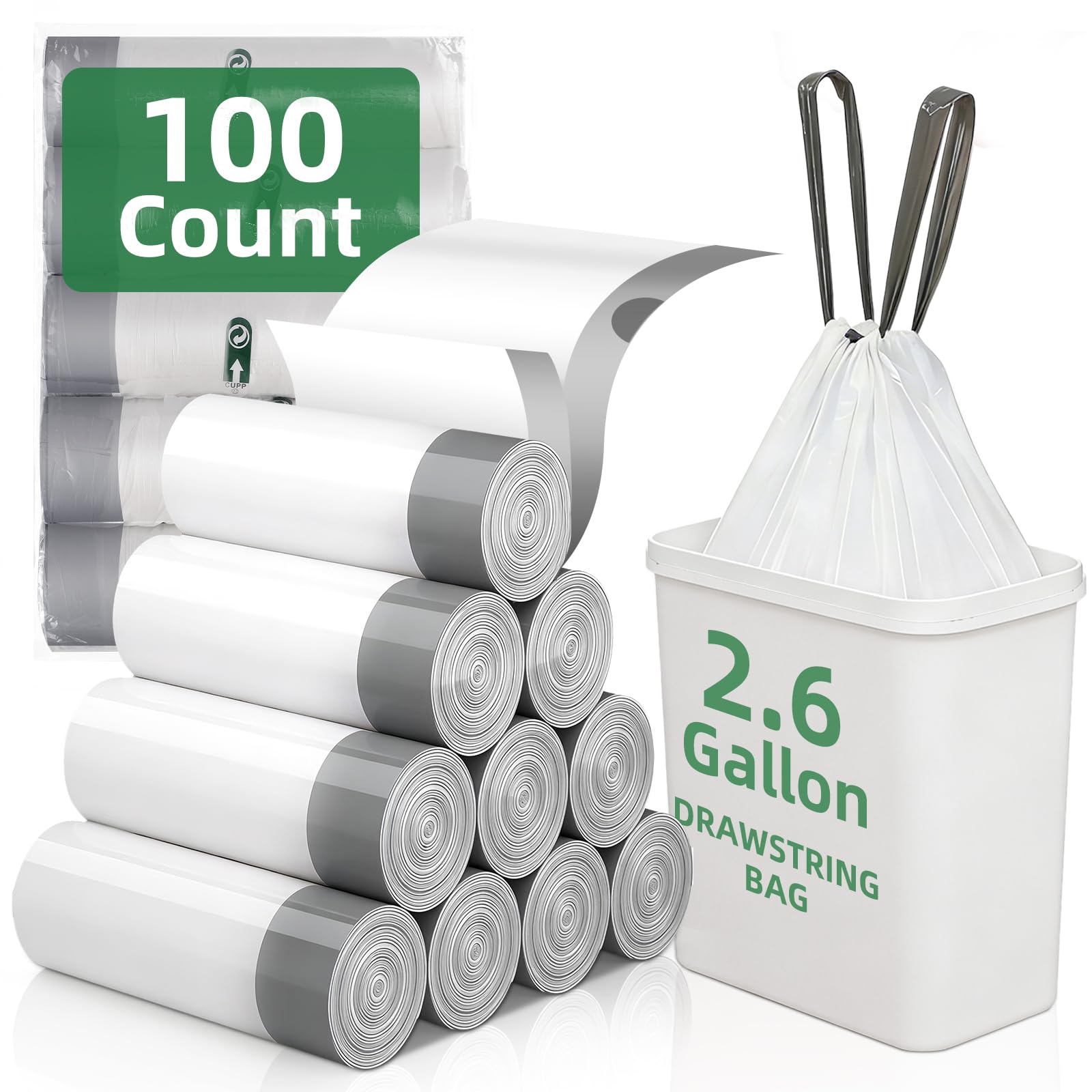 100 Counts 2.6 Gallon Trash Bag Drawstring Small Trash Bags, Thick Pre-separated Garbage Bags, Trash Bin Liners, Suitable for bathroom, kitchen, bedroom, office (White)
