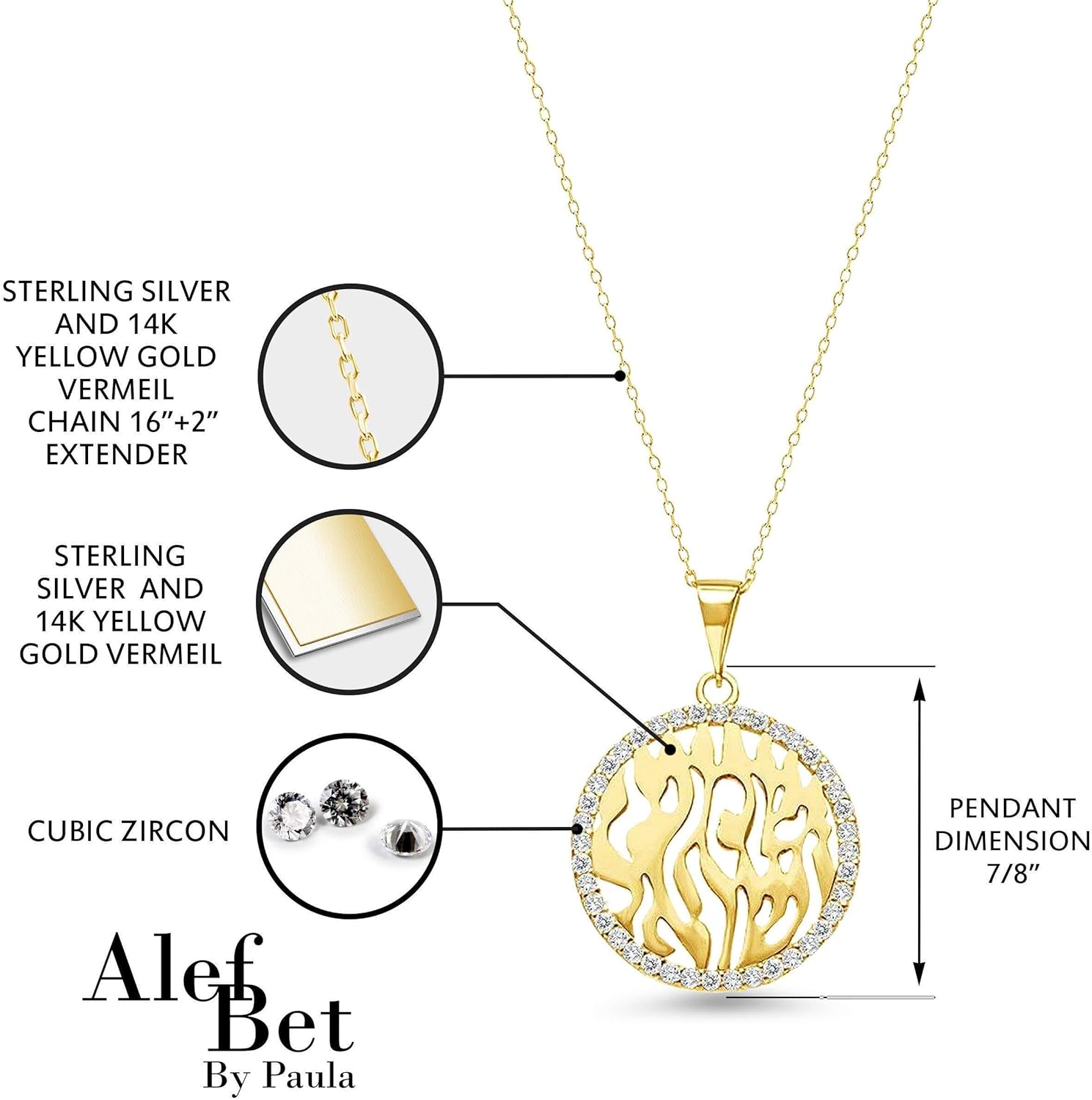 Alef Bet by Paula Rose Gold Plated Sterling Silver 925 Large Shema Israel Necklace Round CZ Framed Hebrew Prayer Pendant 7/8 Inch Jewish Women Bat Mitzvah Gift