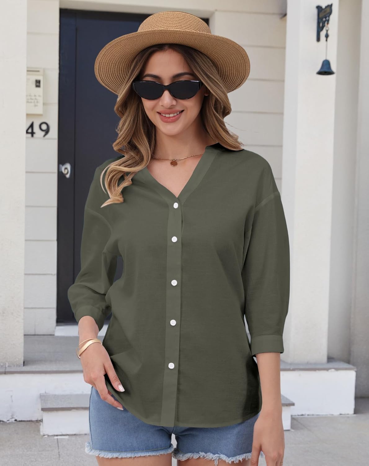 Womens Cotton Button Down Shirts 3/4 Sleeve Casual Loose Fit V Neck Stylish Breathable Summer Spring Blouses Top - Image 3