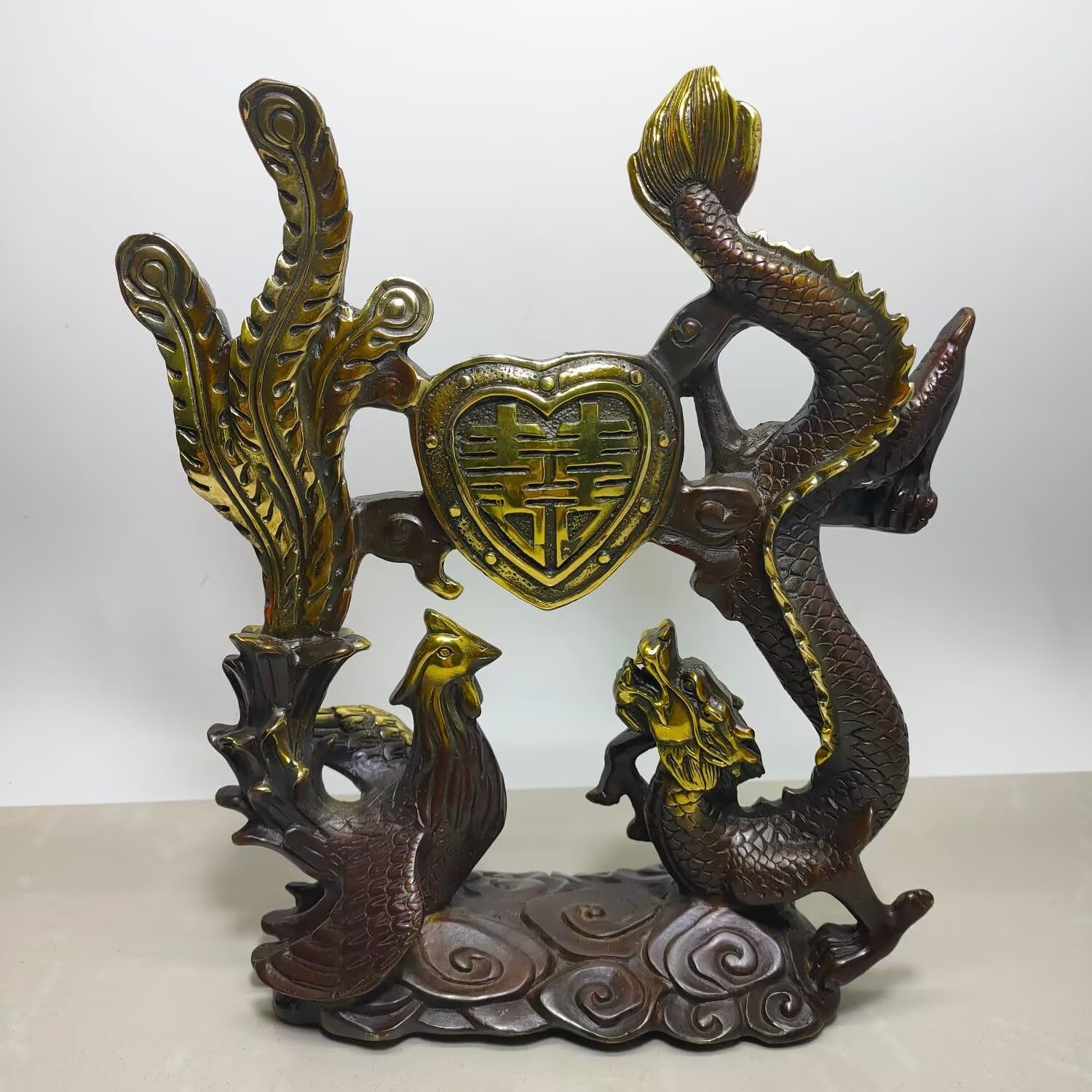 Dytartzx Solid Copper Dragon Phoenix Statue, Handcrafted Fengshui Auspicious Ornament, Chinese Cultural Sculpture for Home Office Entryway Decor, Good Luck & Prosperity