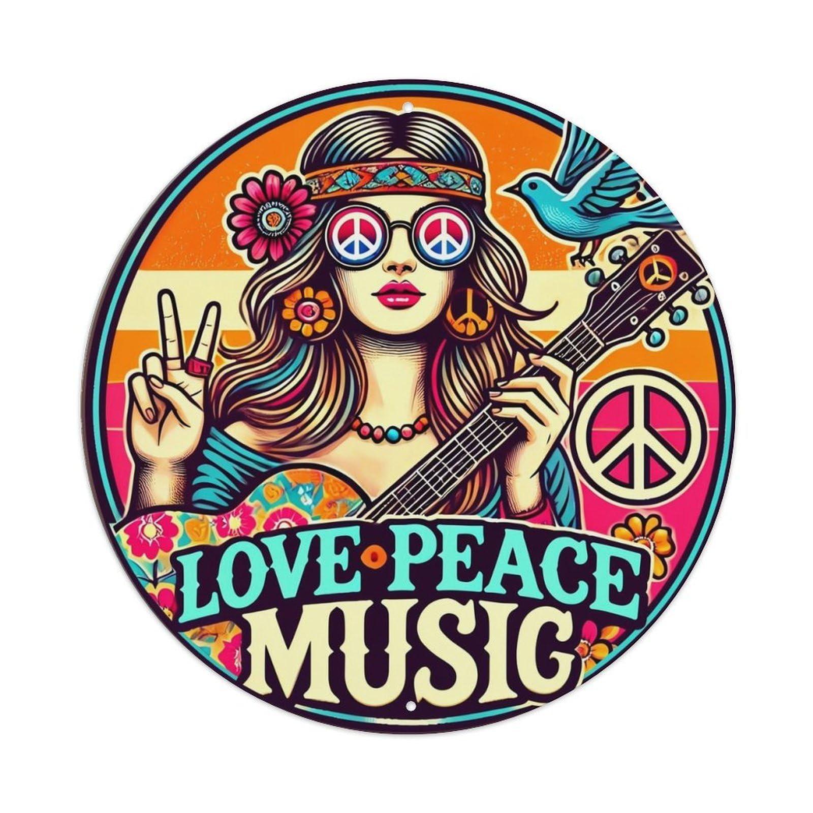 Peace Sign Guitar Flower Bird Vintage Round Tin Sign Retro Metal Wall Decor Metal Poster, Home Bar Garage Cafe Wall Art Decoration 8x8Inches