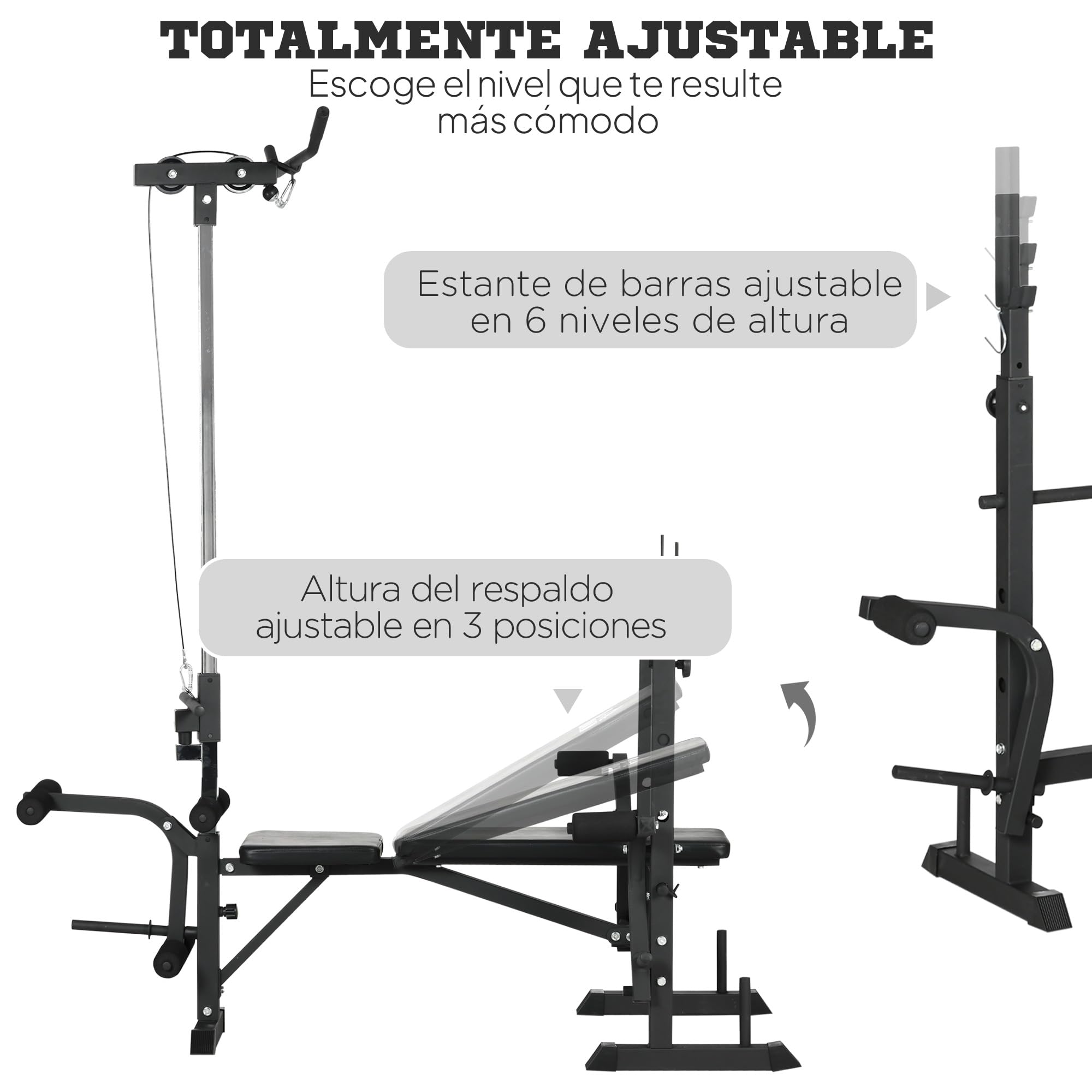 HOMCOM Banco de Musculación Banco de Pesas Multifuncional Ajustable en 6 Niveles para Entrenamiento de Cuerpo Completo en Gimnasio Hogar Carga 150 kg 180x134x200 cm Plata y Negro