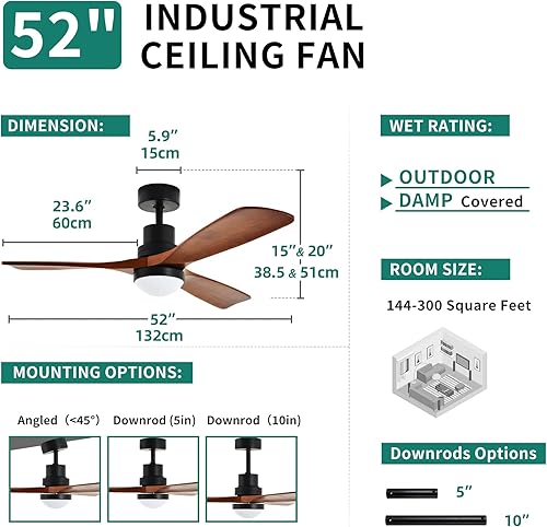 Miniatura 6 de YITAHOME Ventilador de techo de 52 pulgadas con luces e interruptor remoto de pared, ventilador industrial de madera con motor silencioso reversible