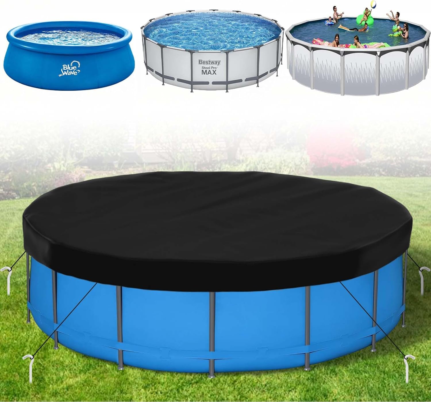 Pool Covers for Round Above Ground Pools, Heavy-Duty Oxford Fabric Swimming Pool Covers, Superior Strength & Durability, UV Protected, Protects from Debris (Black, 16ft) Black 16ft