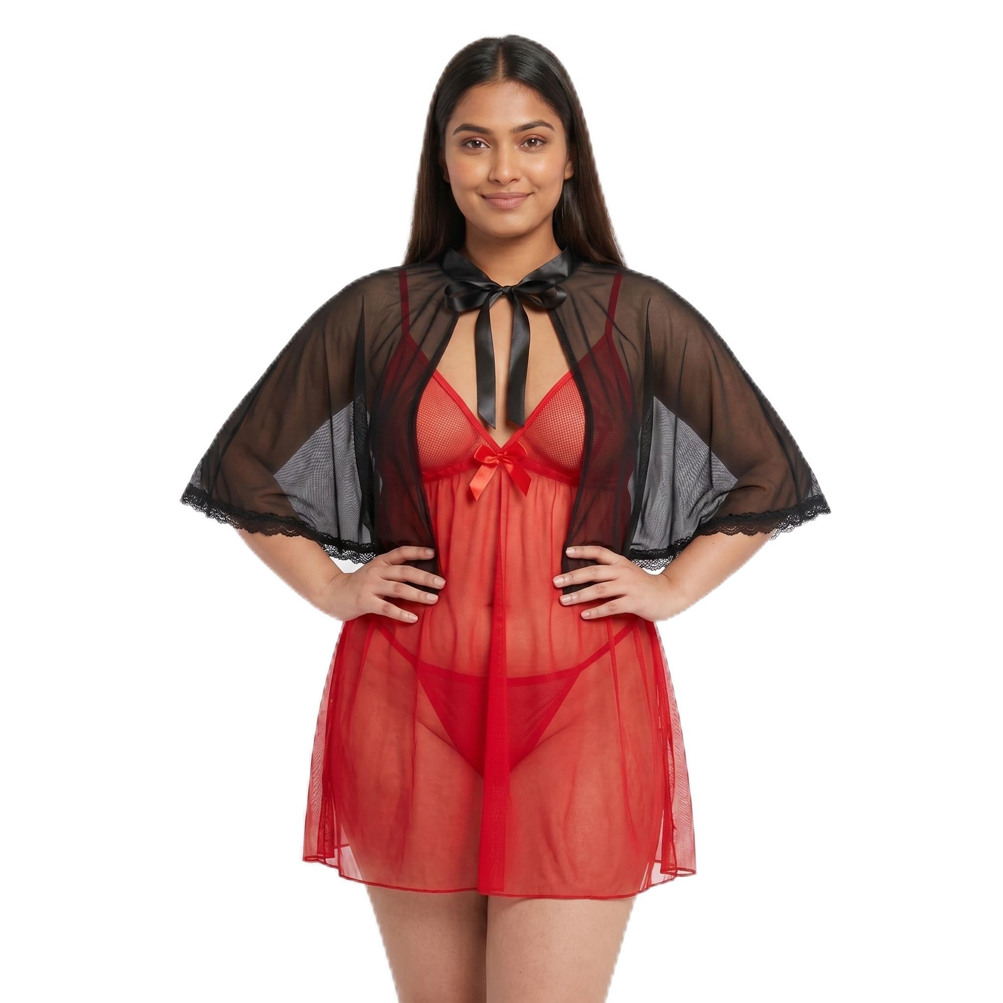 Women's Mesh Babydoll Soft Nightwear Lingerie Set with Cape Shrug for Honeymoon, Holidays and Bridal | Free Size Upto 42 Red-picture-53