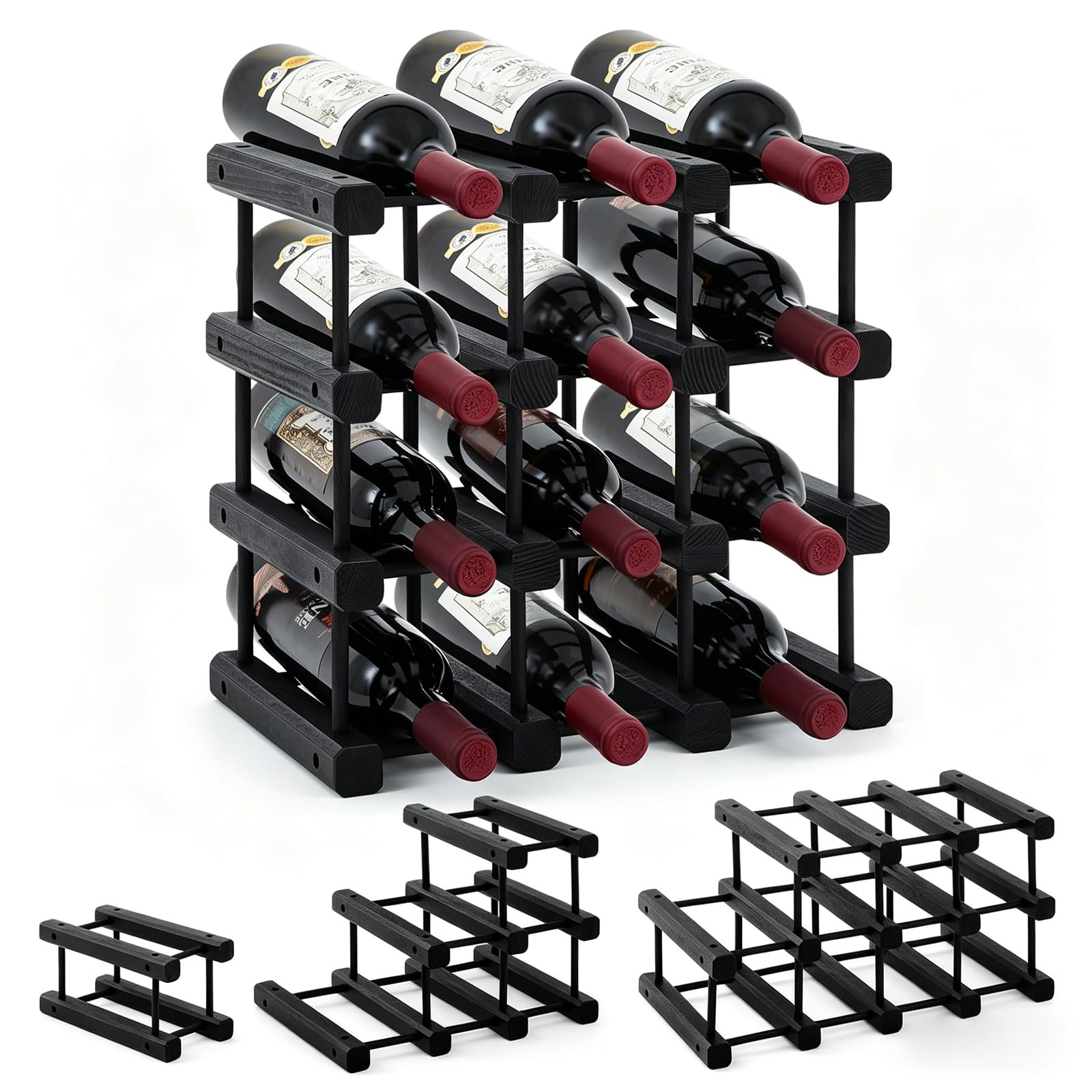 Rehomy Wine Rack for 12 Bottles, Stackable Wooden Wine Storage Rack Countertop - 4 Tier Modular Customizable Wine Display Holder Space-Saving Cabinet Organizer for Kitchen Cupboard, Bar, Cellar