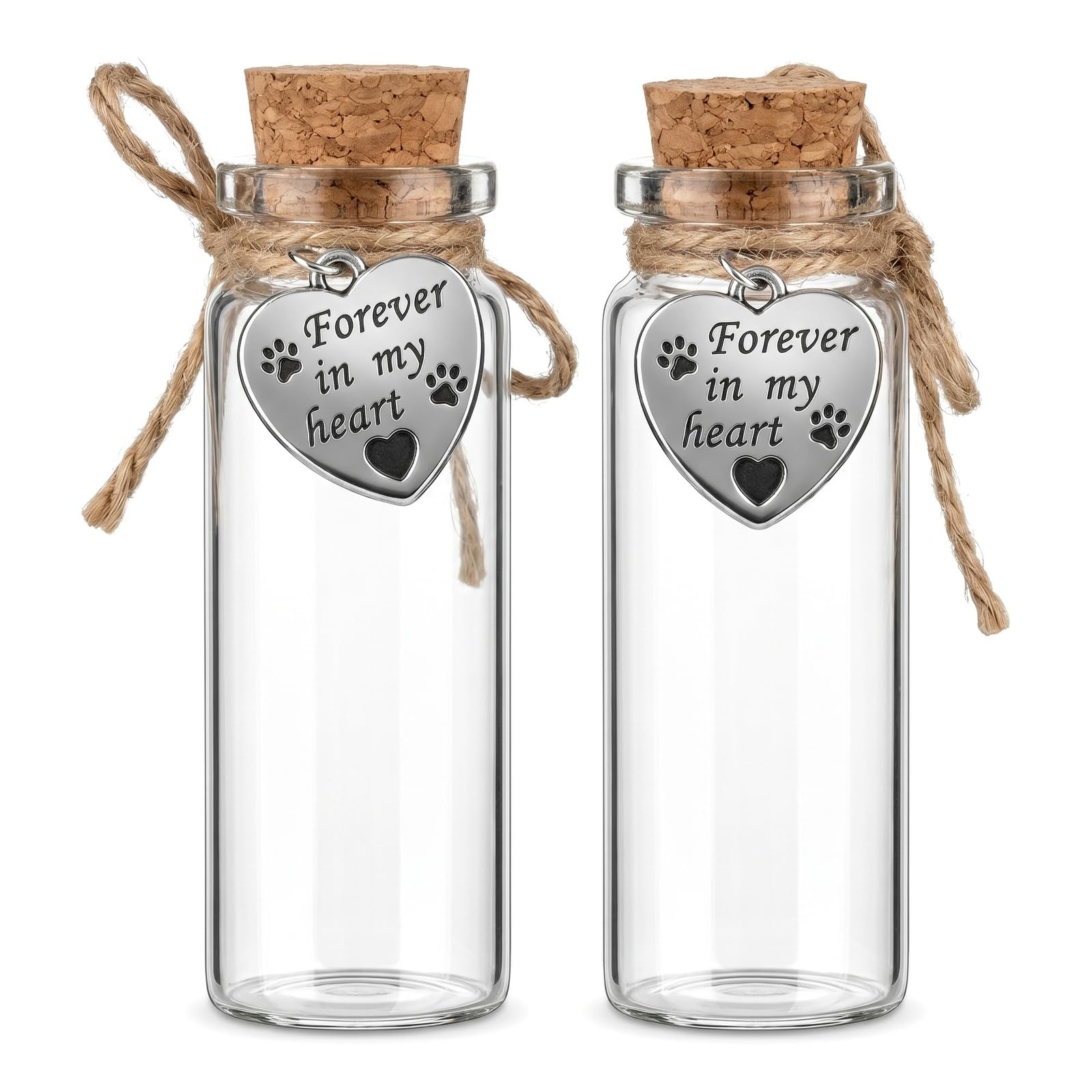 2 Pcs Pet Fur Keepsake Bottle Glass Memorial Vial with Cork Stopper and Heart Pendants, Dog Cat Hair Keepsake Memory Jar Urn for Ashes, Pet Remembrance Sympathy