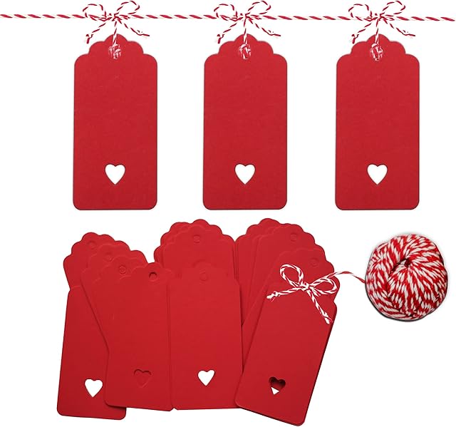 PCP 100 Pcs Gift Tags Kraft Paper Tags with 30m Jute Twine String for Arts & Craft, Luggage Label, Weddings, Valentines & Christmas, 300g/m² (Red)