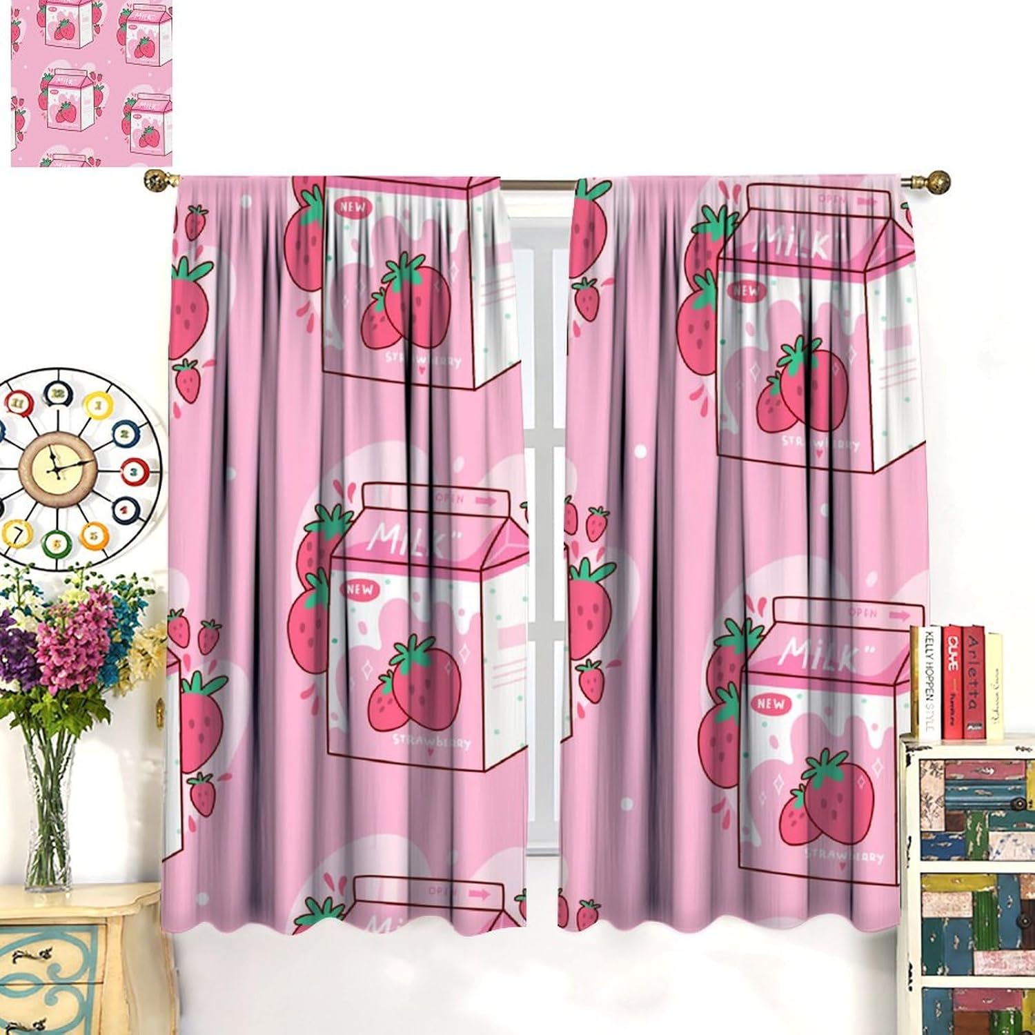 Strawberry Blackout Window Curtain ﻿Carton Strawberry Milk Cute Pink Modern Family for Home Kitchen Restaurant Decoration Window Curtain 2Panel 42" W X 45" L