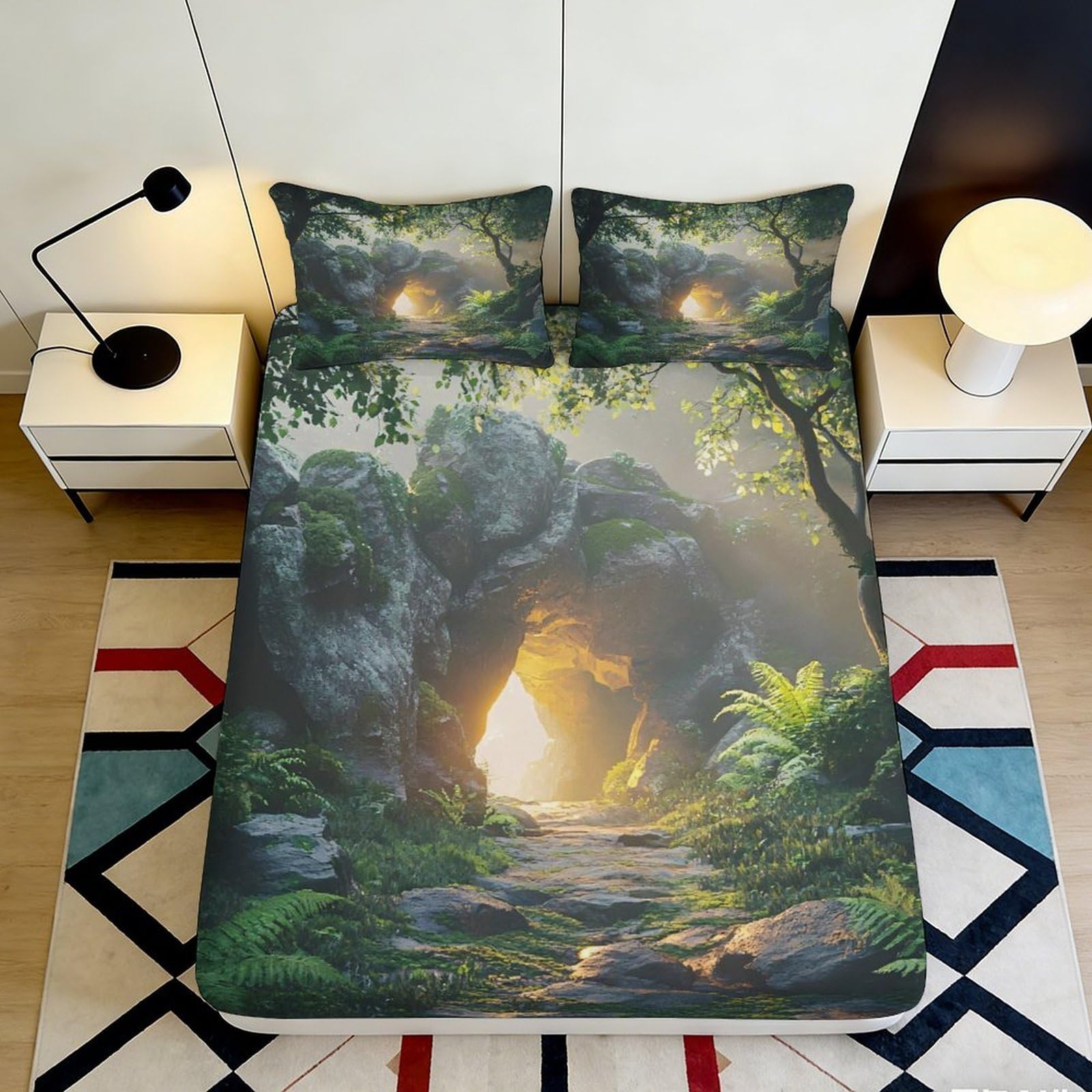 Pnayamiorkfel Style-9 3D Printed Forest Cave Fitted Sheet Microfiber Soft Decorative Sunlit Path Mattress Cover For Bedroom Guest Room 90X200x25cm