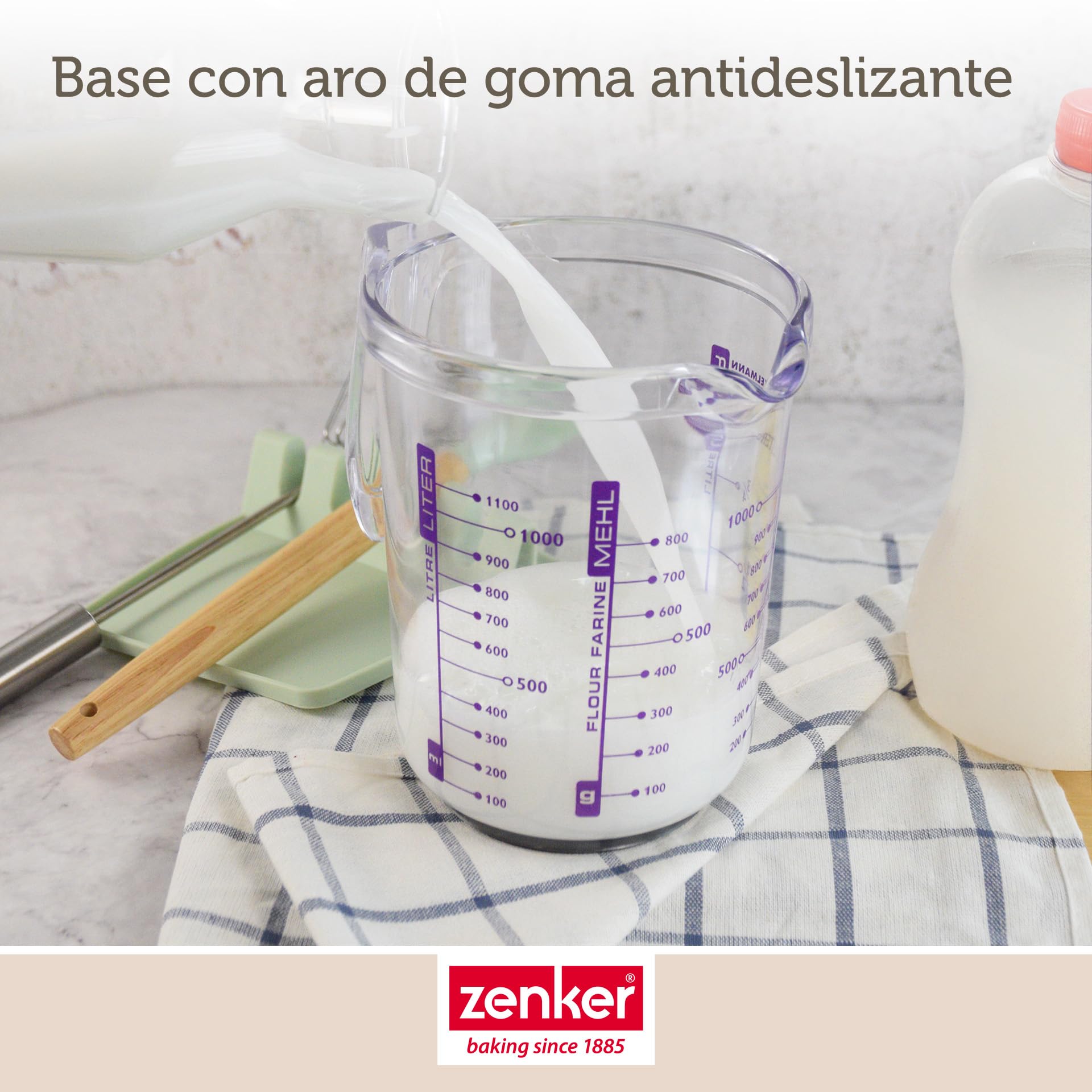 Fackelmann Jarra Medidora de Cocina, 1 litro de capacidad, con escala para medir líquidos, azúcar y harina, Plástico SAN Transparente. Medidas 17,5x12,5x16,5 cm, 1 ud