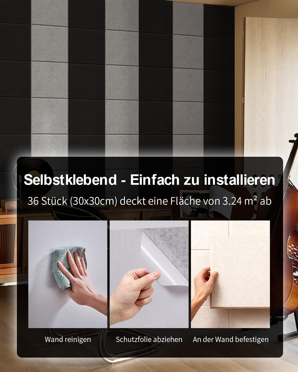 36 Stück Akustikplatten Selbstklebend, Akustikpaneele Schallabsorber mit hoher Dichte, Akustische Behandlung und Wanddekoration für Tonstudio, Gaming Deko und Studio, 30x30x0.9cm, Weiß