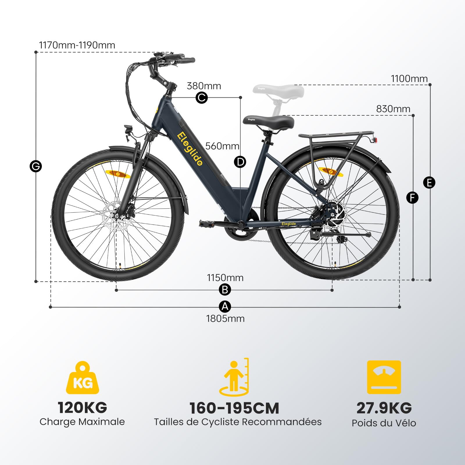 Eleglide T2 Vélo Électrique Adulte 100KM, Moteur 250W, Freins Hydrauliques, Batterie 486Wh, E-Bike Urbain pour Homme Femme, 27.5" Vélo de Ville,VTC
