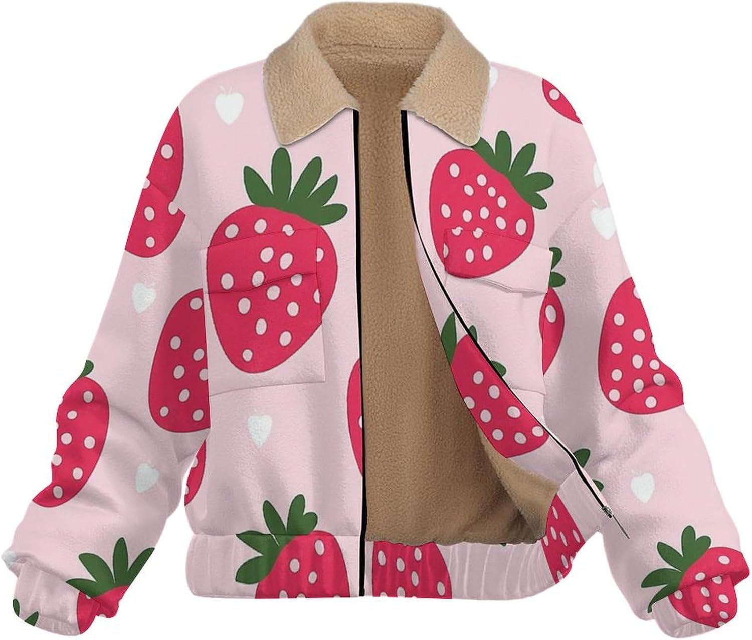 Women's Full Zip Fleece Jacket, Warm Winter Lapel Sherpa Lined Crop Coat, Polka dots strawberry Print Outwear
