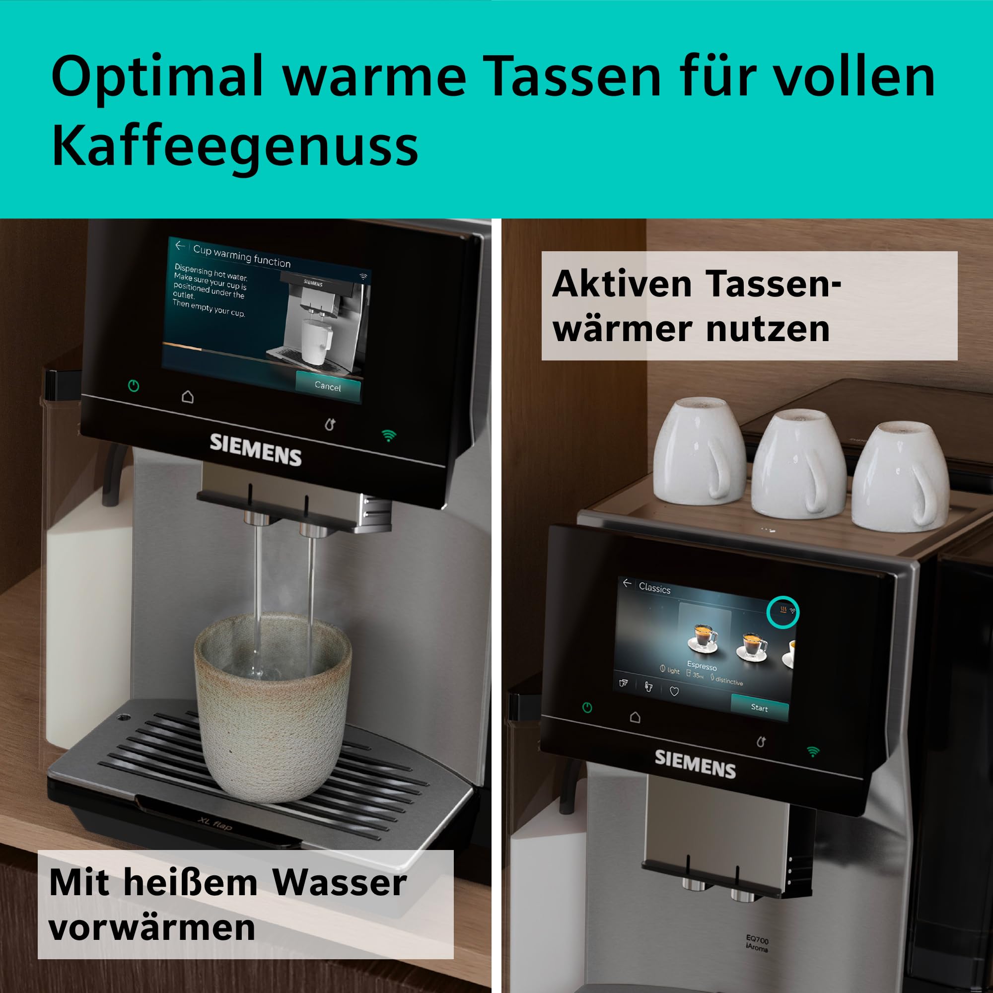 Siemens Kaffeevollautomat EQ700 iAroma, Full-Touch-Display, integrierter Milchbehälter, Tassenwärmer, Cold Brew und Slow Brew, Home Appliances App, Edelstahl schwarz, TQ727D03