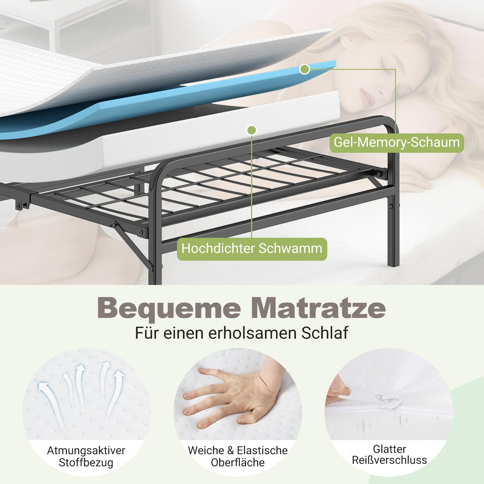 COSTWAY Klappbett 90x200 Erwachsene, Bett klappbar mit 10 cm Matratze, bis 220 kg, Gästebett Metallrahmen, Bettgestell mit Memory-Schaum & Kopfteil, Einzelbett für Gästezimmer, Weiß
