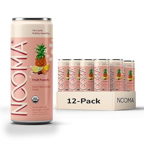 NOOMA Soda orgánica de bienestar, soda saludable, baja en calorías y bajo en azúcar, 12 latas de 12 onzas, ponche de frutas