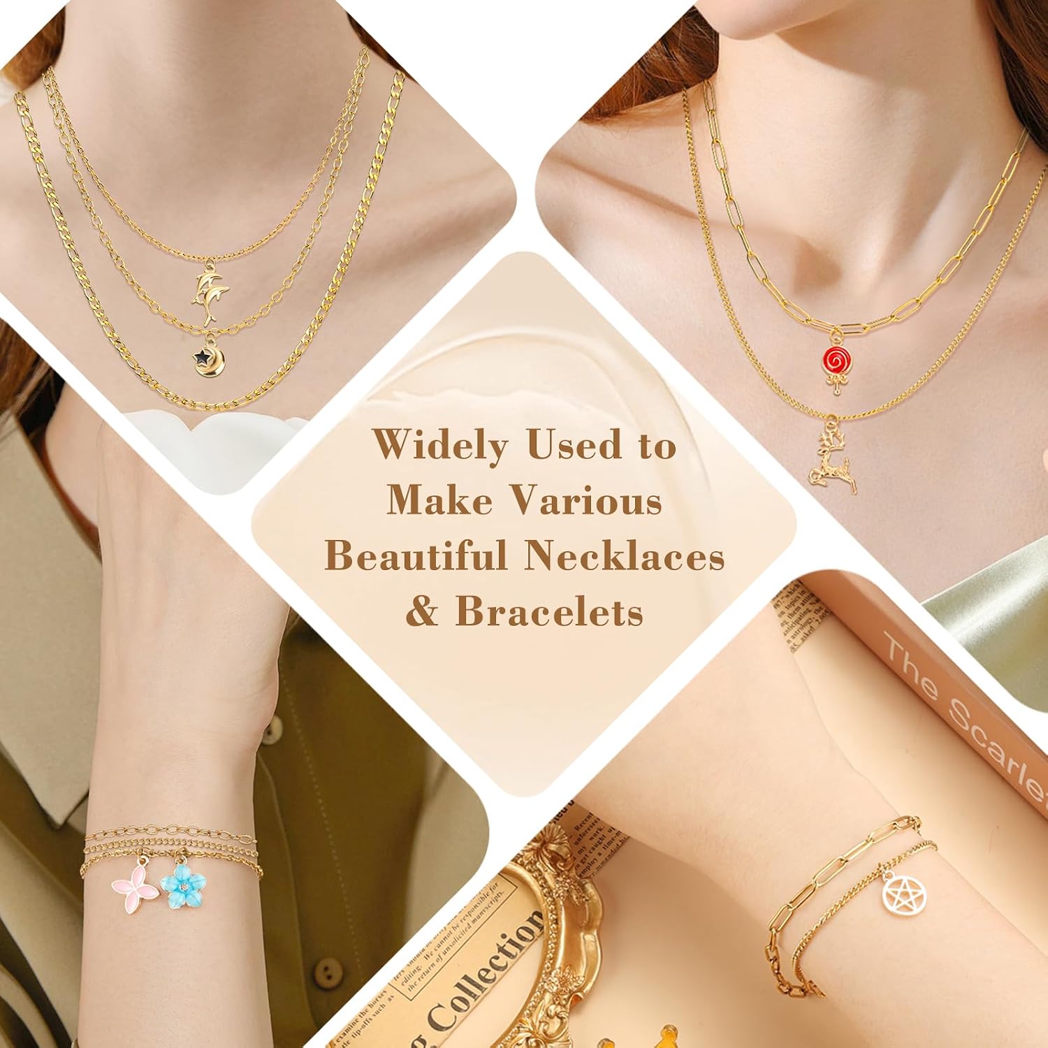 18K Gold Chain for Jewelry Making - 19.69 ft 6 Rolls Gold Plated Jewelry Chains, 304 Stainless Steel Necklace Chains with Charm Pendants Jump Rings Lobster Clasps Pliers for DIY Necklace Bracelet