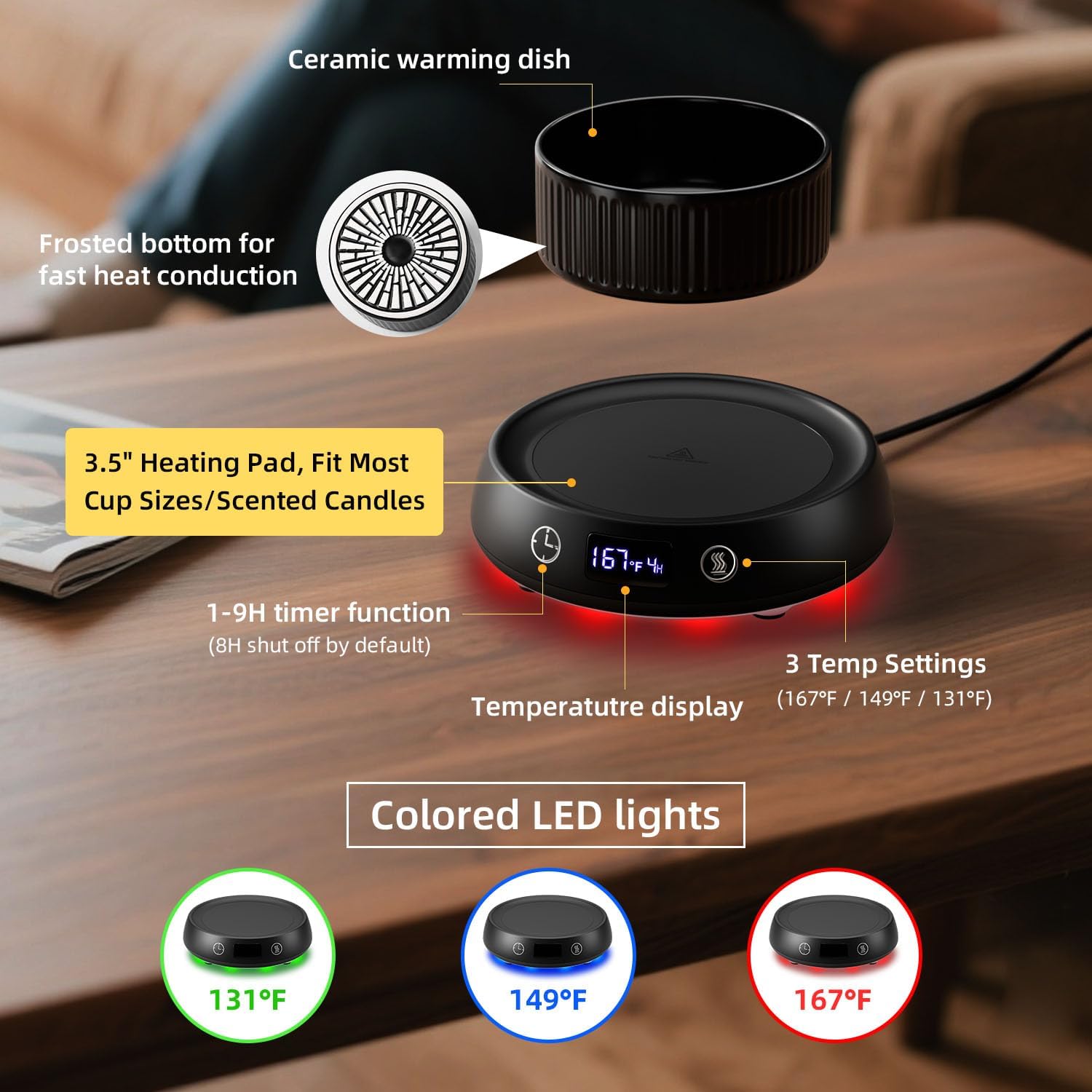 Mug Warmer for Desk, Electric Coffee Cup Warmer Candle Warmer 1-9H Delay Start & Auto Shut Off Timer, 3 Temperature Setting Smart Tea Beverage Coffee Warmer Wax Melt Warmer Scented Oil Wax Cube Melter