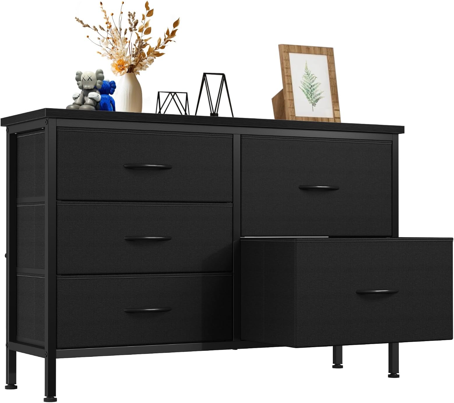 DUMOS TV Stand for Bedroom with 5 Storage Drawers, Fabric Chest of Drawers with Metal Frame, Living Room Storage Organizers Units for Books, TV Stand and Hallway, Modern Black