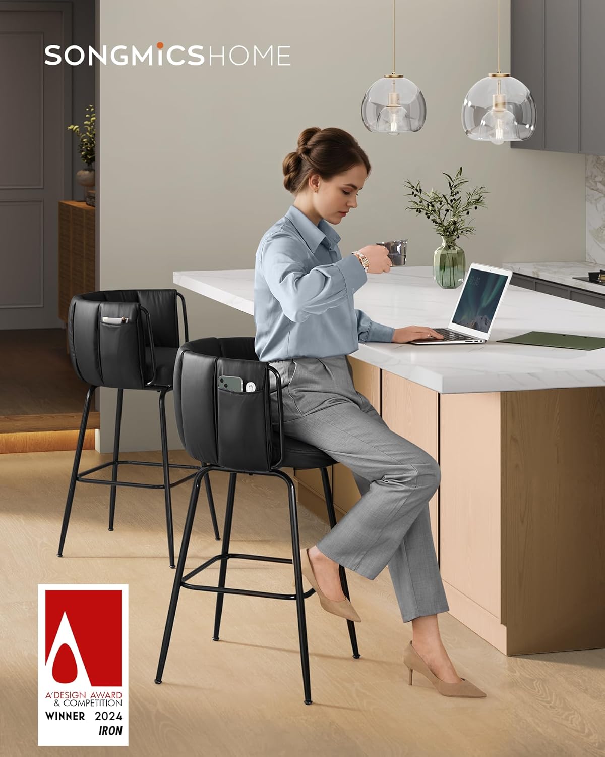 SONGMICS Home 360° Swivel Bar Stools Set of 2, Barstools with Curved Back, Upholstered Counter Bar Stools with Footrest, Metal Tapered Legs, for Kitchen Island, Dining Room, Ink Black ULBC123B02