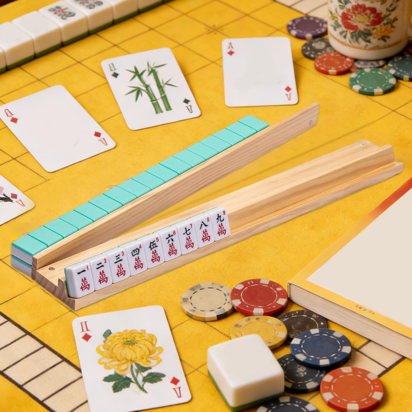 Juego de 4 estantes de madera para mahjong | Juego de empujadores y estantes de mahjong | 45 cm de madera Mahjong azulejos con empujadores | Regla de estante Majiongs natural antideslizante para