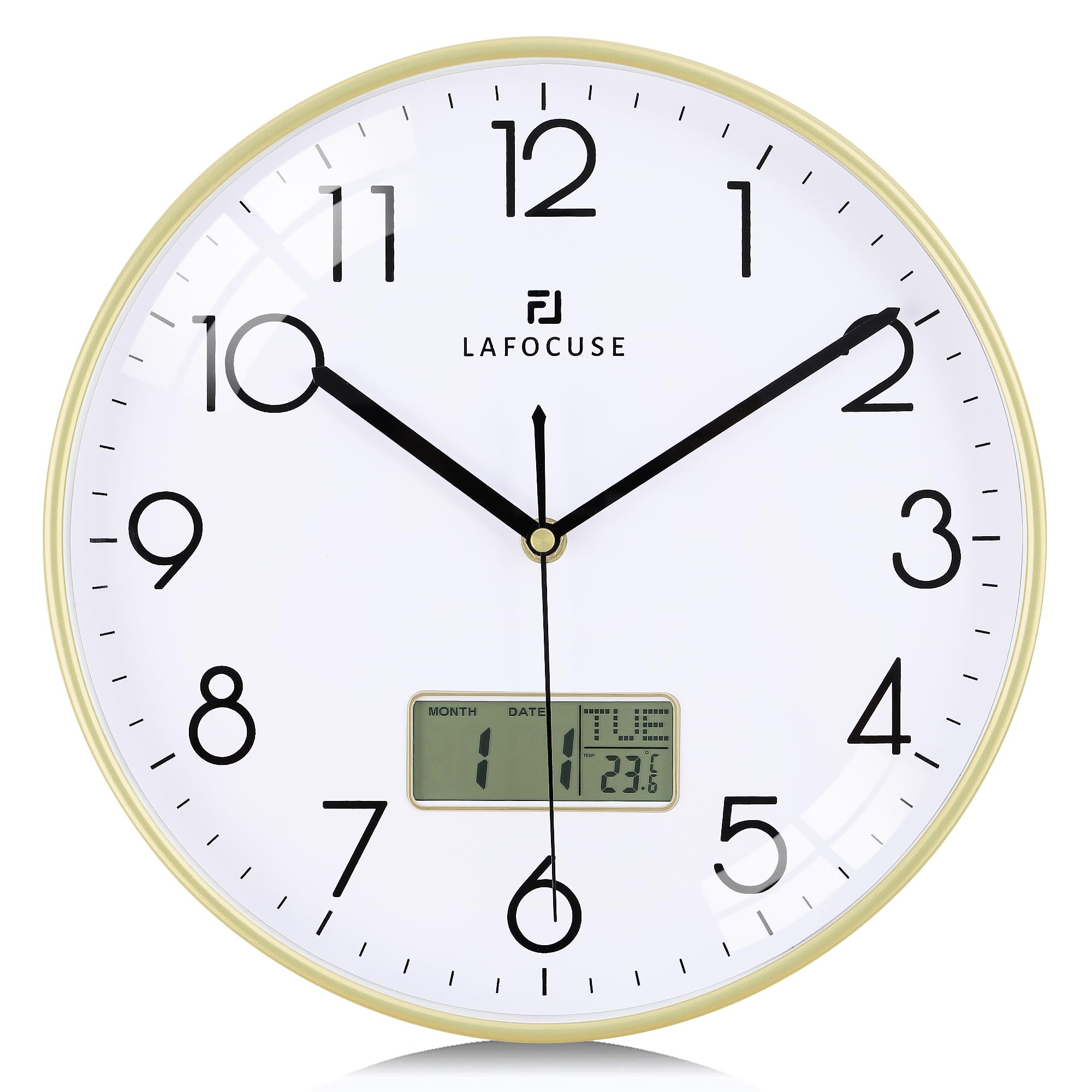 Lafocuse 30cm Reloj de Pared Calendario con Fecha y Termometro Digital LCD, Silencioso Moderno Oro Reloj Cocina Pared, Fácil de Leer sin Tictac para Salon Dormitorio Oficina