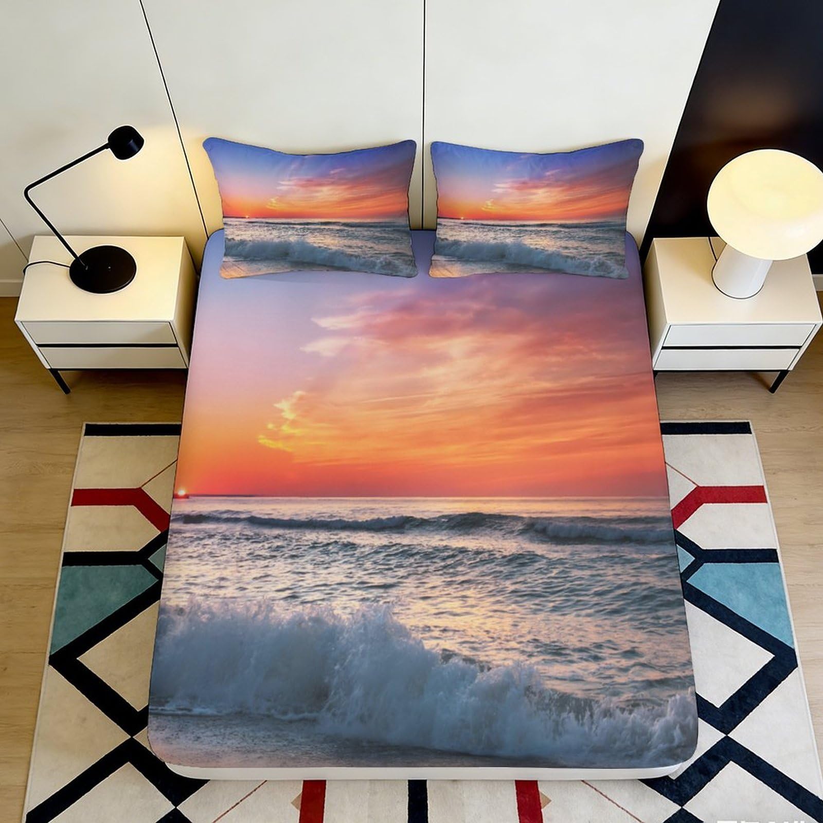 3D Printed Sunset Ocean Waves Fitted Sheet Microfiber Soft Breathable Seascape Bed Cover for Bedroom Dormitory Guest Room Mattress Protection 160x200x25cm