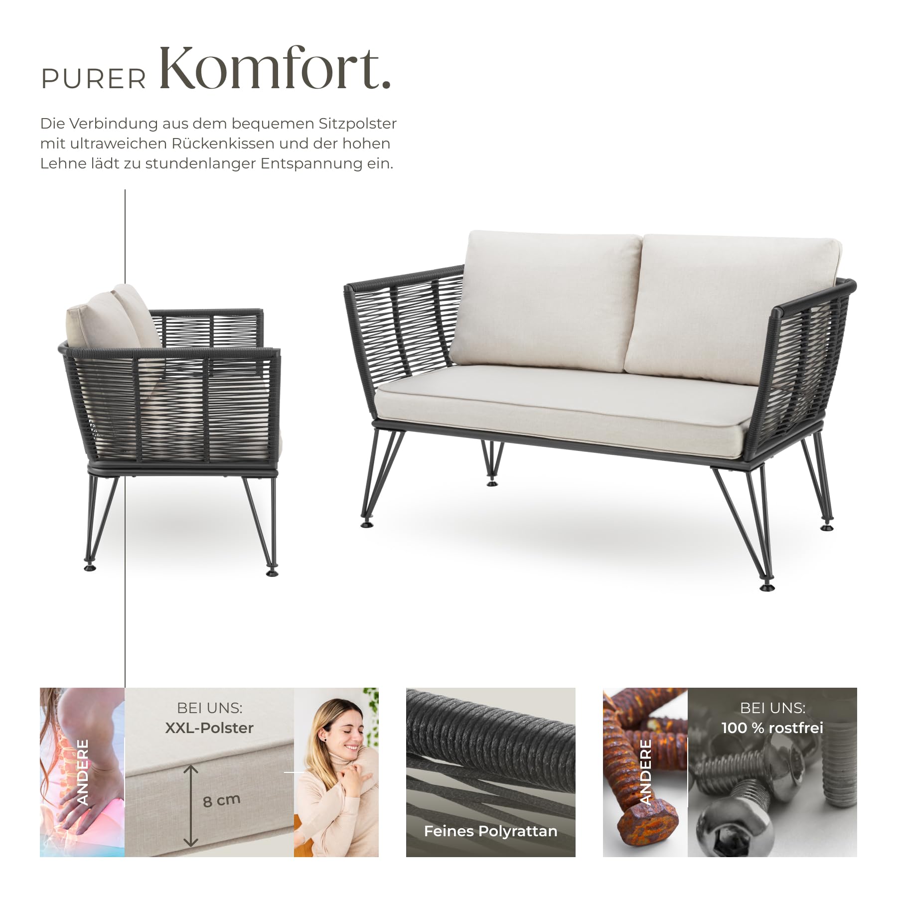 tectake® Rattan Lounge Sofa, Lounge Möbel Outdoor, Balkon Möbel, Outdoor Möbel, Rattan Gartenmöbel, Gartensofa mit Outdoor Kissen wetterfest, Balkonmöbel Kleiner Balkon, Wintergarten