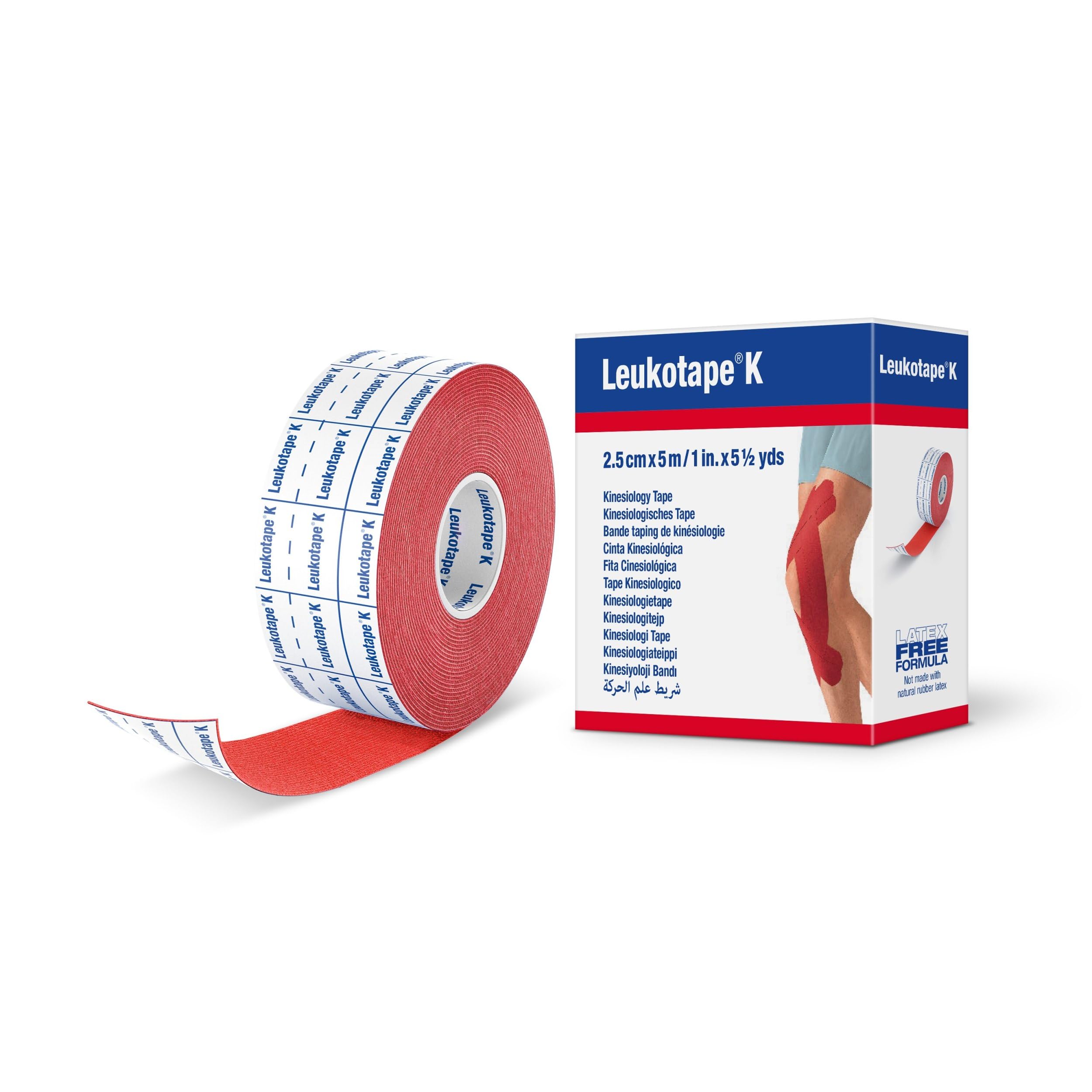 Leukotape K Kinesiology Tape for Muscle Support and Pain Relief, 2.5cm x 5m, Red, 1 Roll