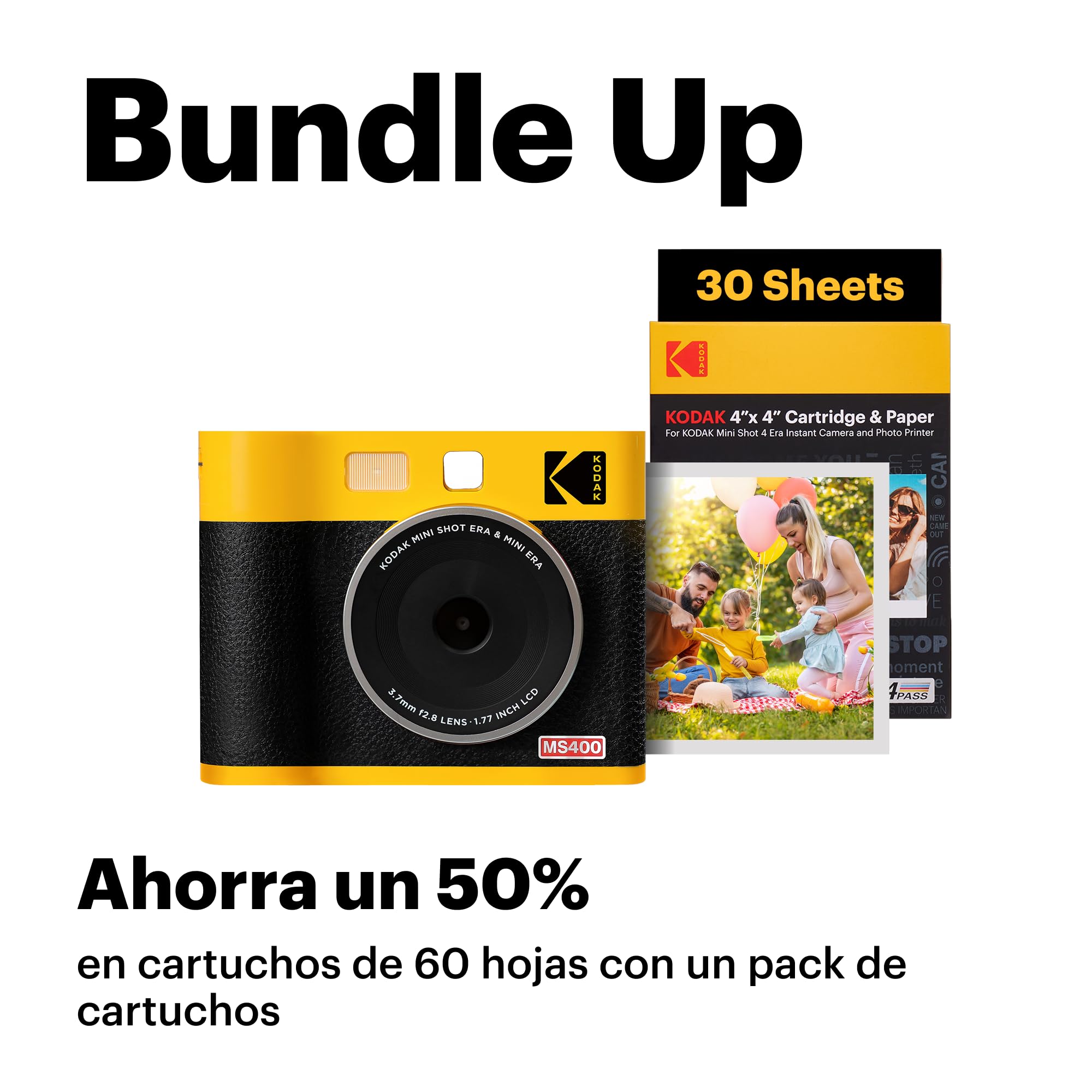 KODAK Mini Shot 4 ERA 4PASS 2-en-1 Cámara Instantánea e Impresora de Fotos (10x10cm) (Cámara + Pack con 68 Hojas (8 Hojas Iniciales + 60 Hojas), Negro)