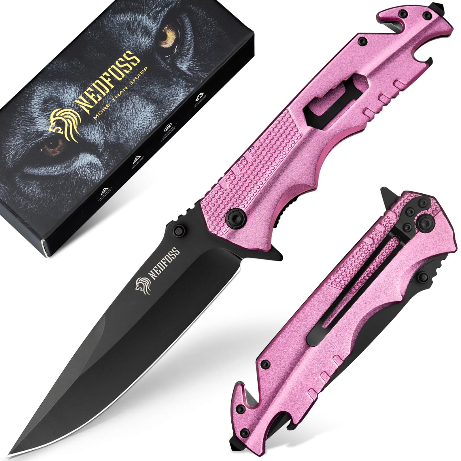 NedFoss FA48 Pink Pocket Knife for Women, 5-in-1 Tactical Knife with Clip