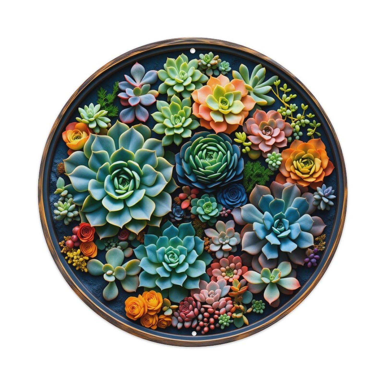 Colorful Succulent Arrangement Pattern Print Round Tin Sign Vintage Metal Poster, Home Bar Garage Man Cave Cafe Indoor & Outdoor Wall Decoration 8x8Inches