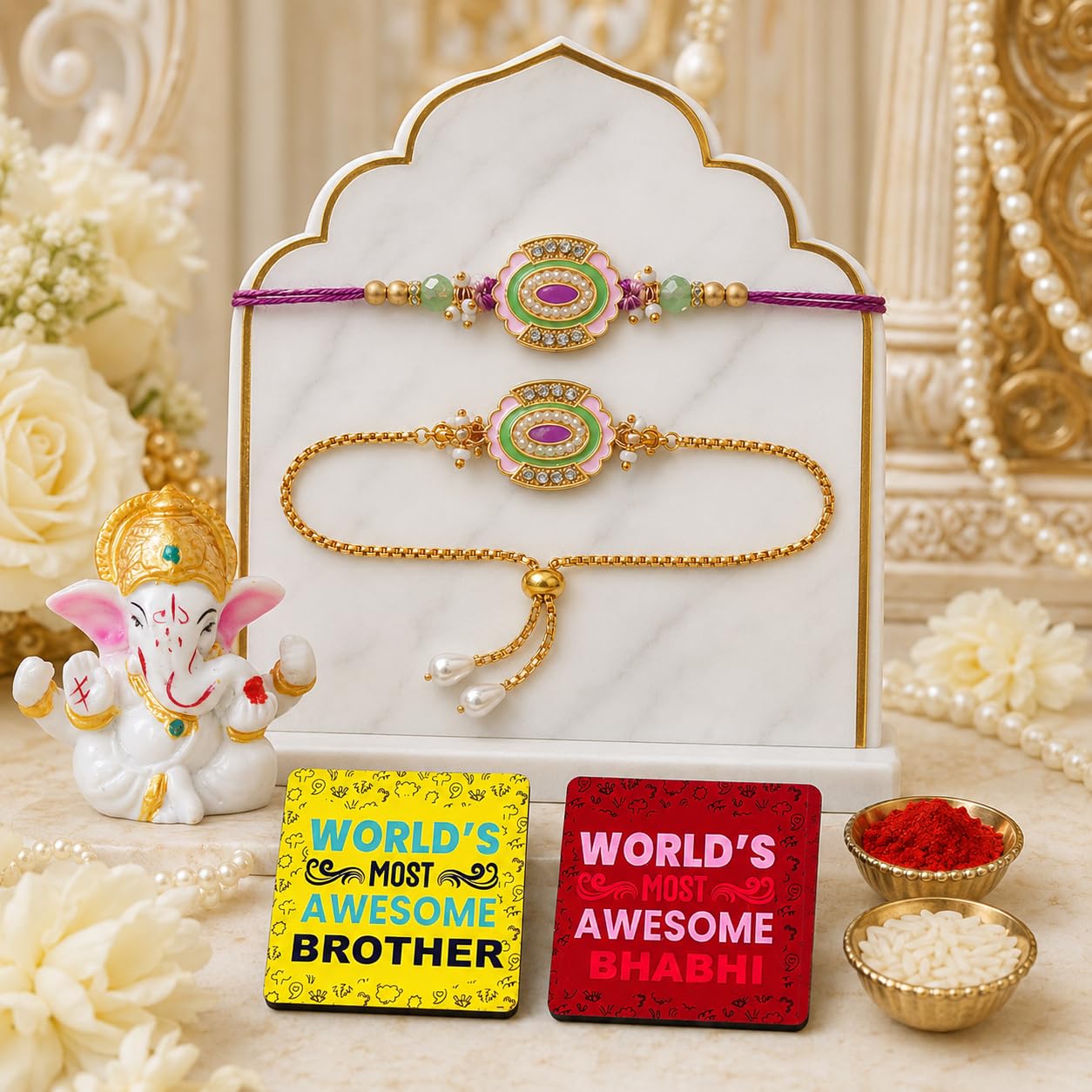 Dreamica Designer Bhaiya Bhabhi Rakhi Set, Lord Ganesha Idol Showpiece, Fridge Magnet, Greeting Card and Tilak Set | Best Rakhi Gift for Brother