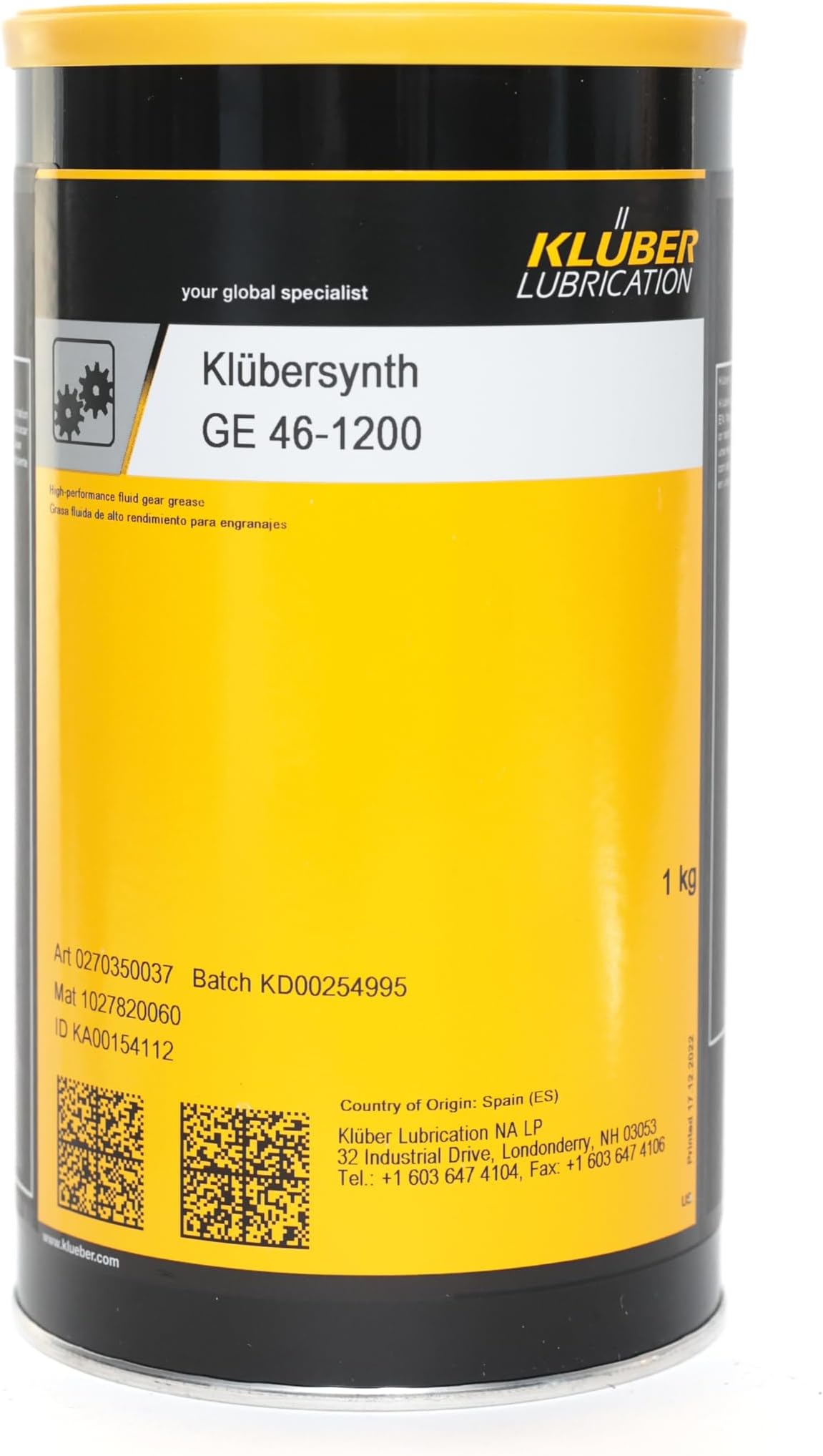 Kluber LubricationKlubersynth GE 46-1200 Synthetic Long Term Lubricant for Spur-Bevel-Worm Gears-Small and Miniature Gears-Power Tool Gears 1 K Can