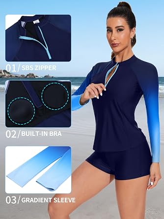 ATTRACO Women Rash Guard Long Sleeve Swim Shirt and Shorts Set SPF Quick Dry 2 Piece Bathing Suit