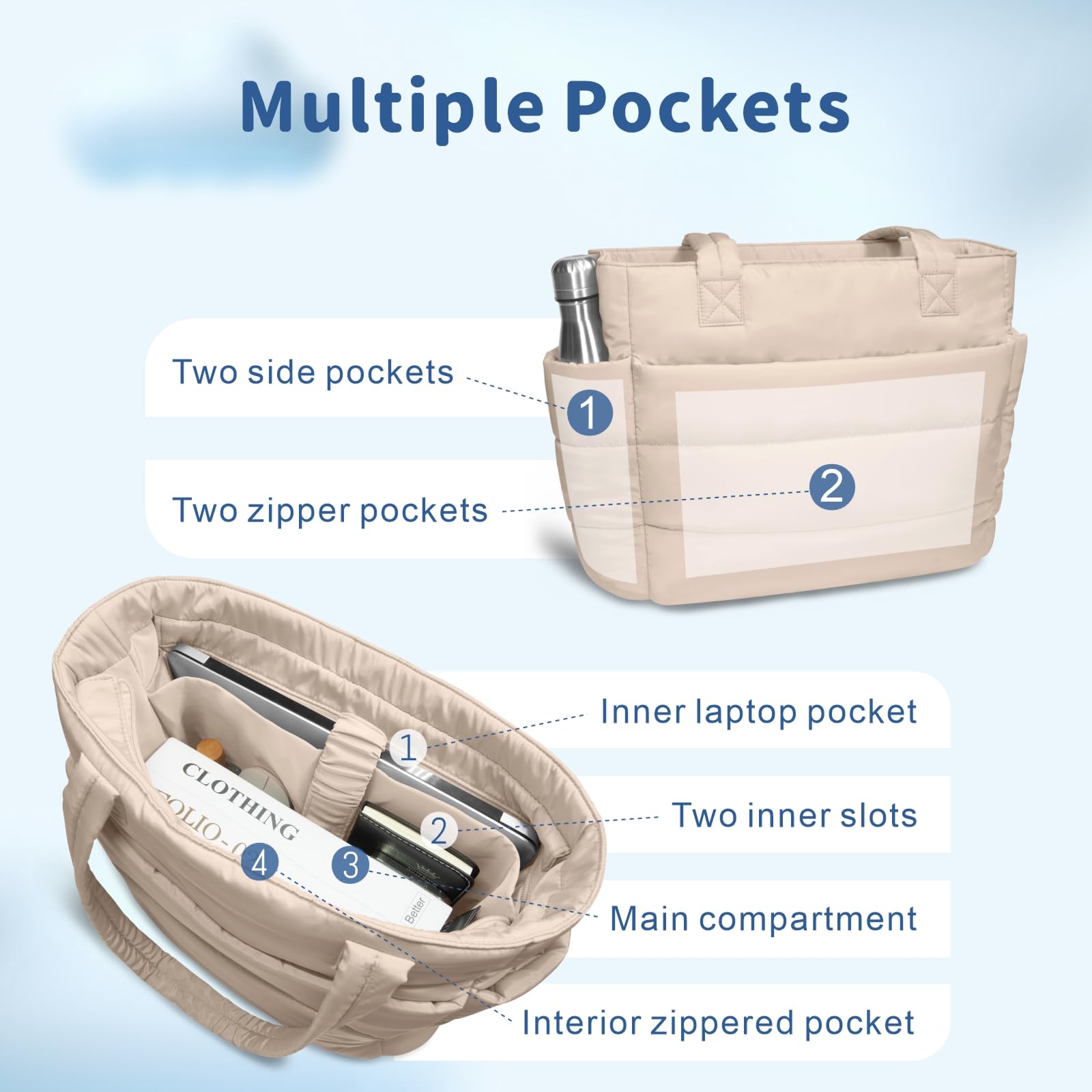 TOPDesign Puffer Tote Bag für Frauen, leichte Puffy Handtasche mit Fächern, gesteppte Schultertasche für Arbeit, Reisen, Fitnessstudio