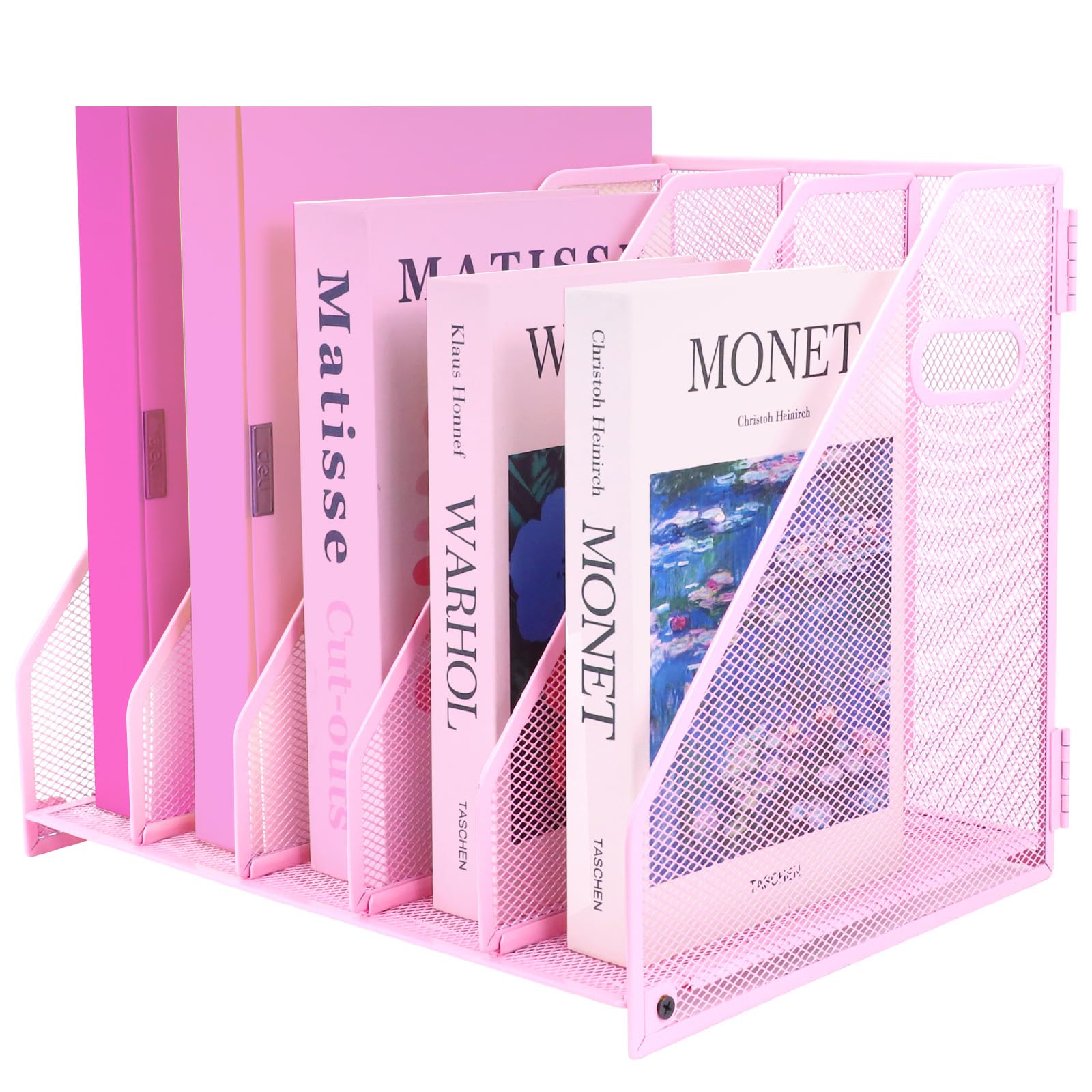 ideallife Desk Organizers, Metal Magazine File Holder with 5 Vertical Compartments Rack Binder File Organizer for Office Supplies, Home Workspace - Pink