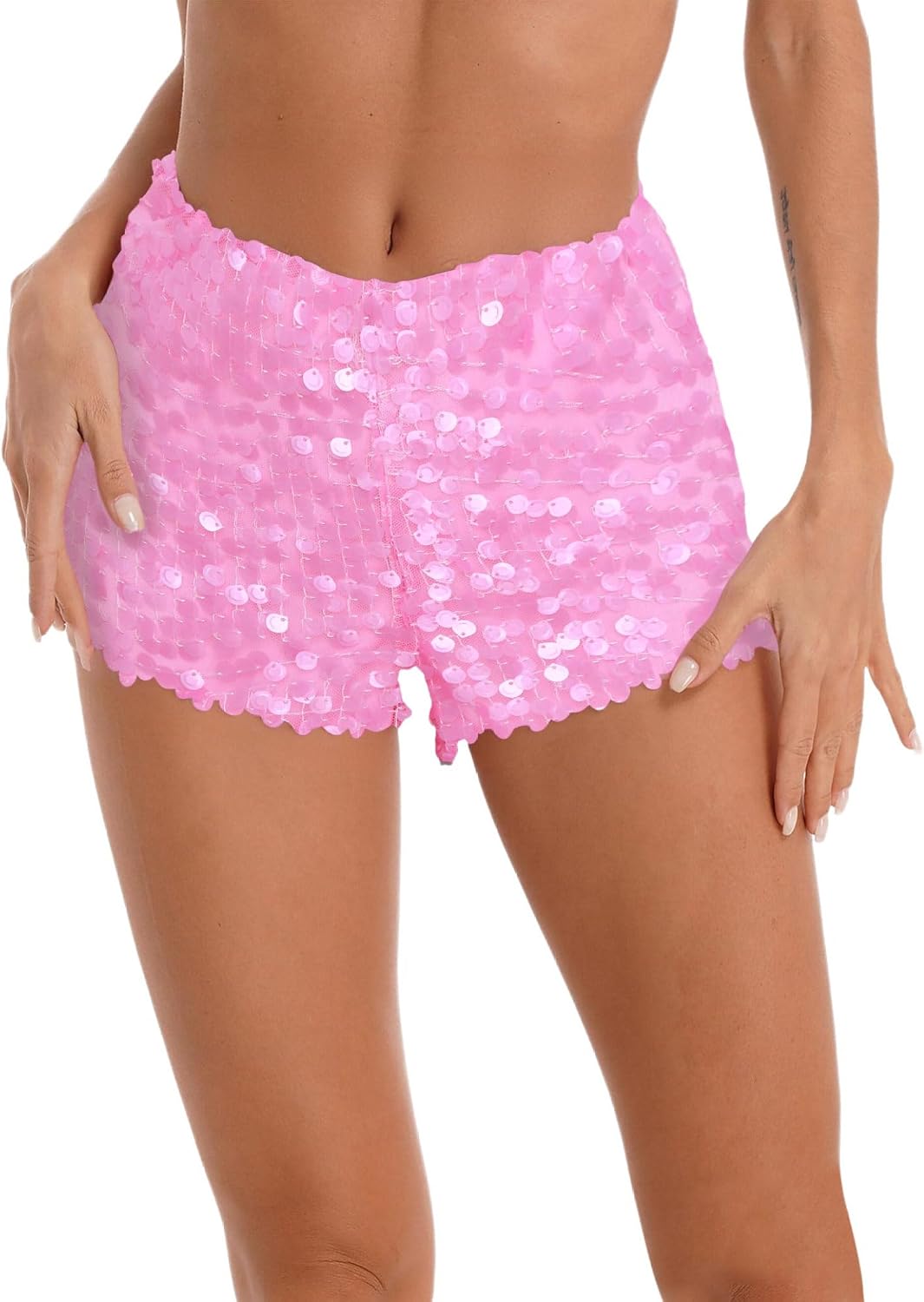 Womens Micro Shorts Sequin Booty Shorts Mesh Layer Fully Lined Short Hot Pants