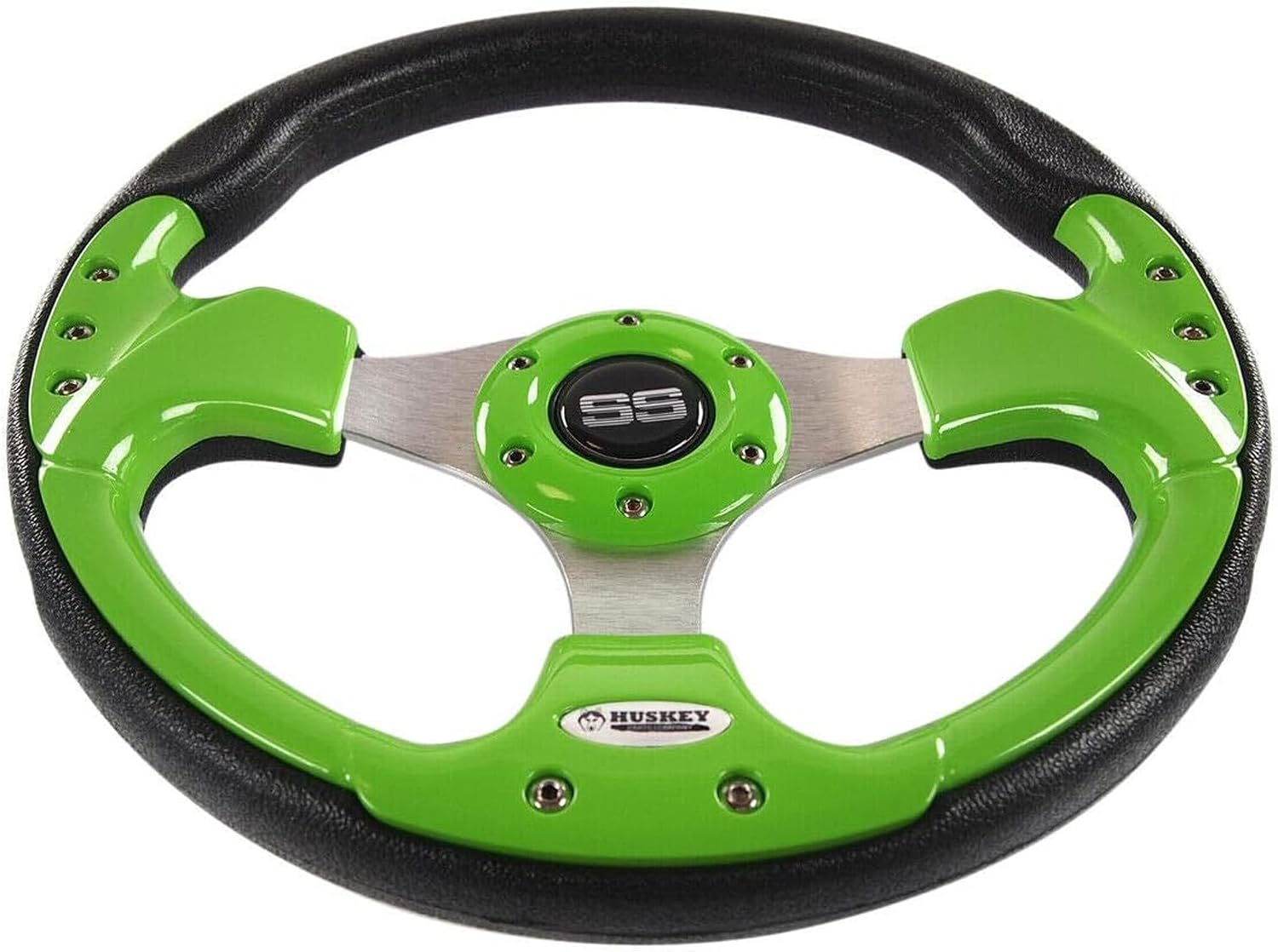 Huskey 12.5 Inch Lime Green Racing Style Golf Cart Steering Wheel for EZGO 1994.5-Up Gas & Electric Models, Racing Style, Super Sport Center Logo, Brushed Aluminum Spokes and Anti-Slip Grip