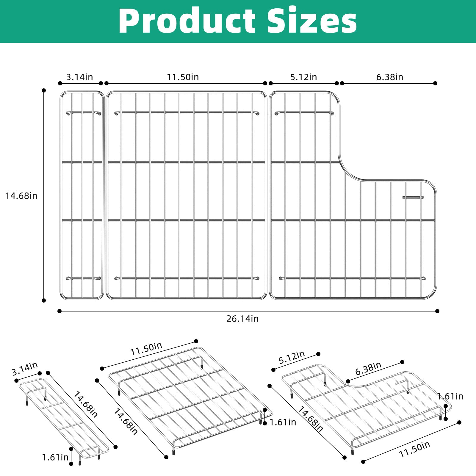 Sink Racks Compatible with Kohler Whitehaven K-5826 and K-5827 Sink, 304 Stainless Steel Sink Protectors for Kitchen Sink with 13 Additional Rubber Feet, 14.68 x 26.14 x 1.61 in (Multi Style)