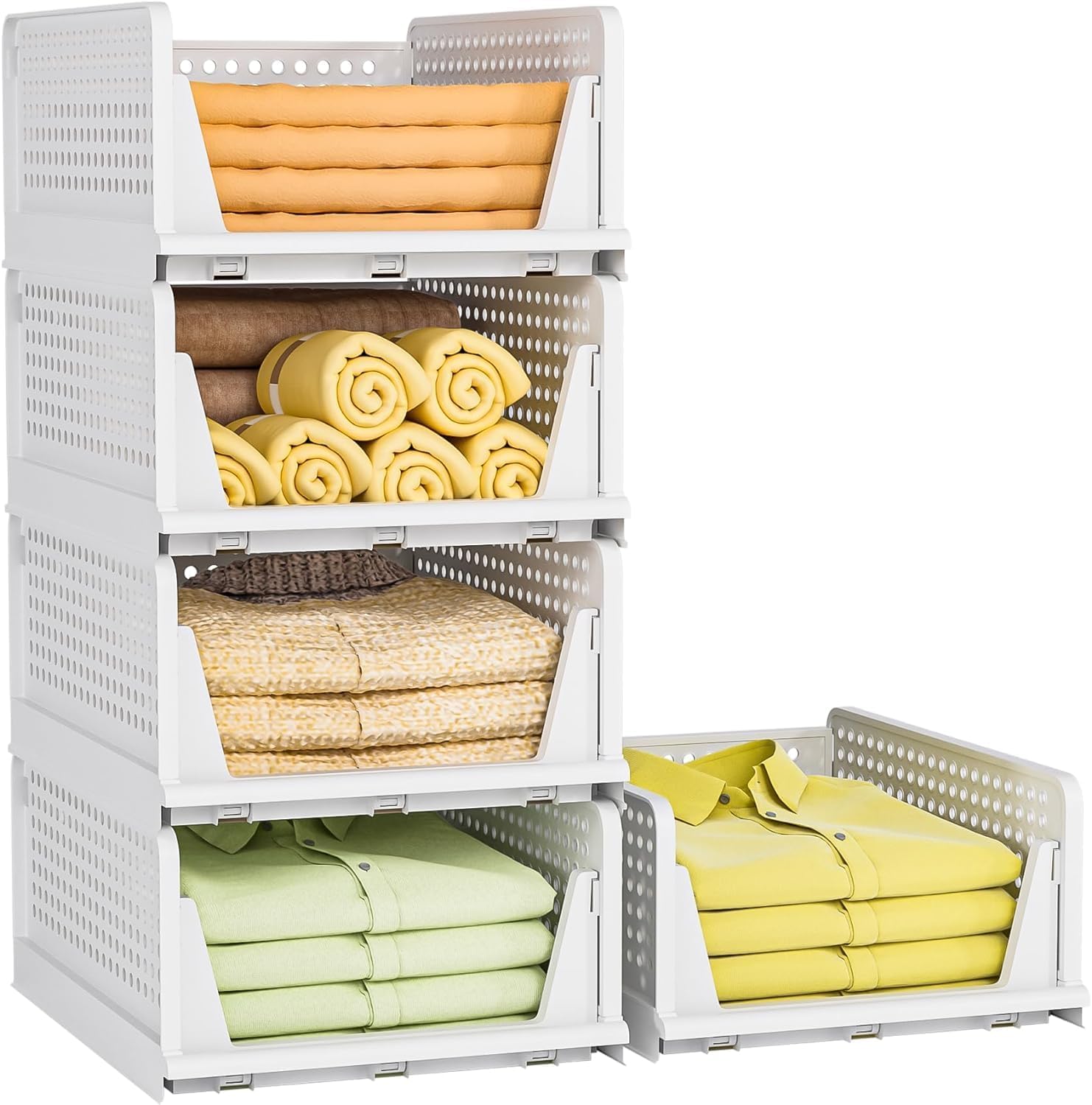 HOMIFLY Set of 5 Large Foldable Cloth Storage Organizer/Stackable Wardrobe Organizer For Clothes/Multipurpose Sliding Basket/Rack Organiser for Storage/Shirt Stacker Box (44 x 33 x 91 cm, White) discount deal
