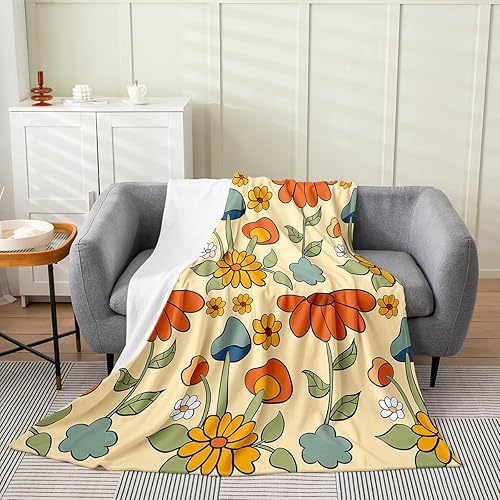 Manta de vellón de franela de hongos, bonita manta de felpa decorativa de hongos, retro de los años 60 y 70 S, floral para todas las estaciones,