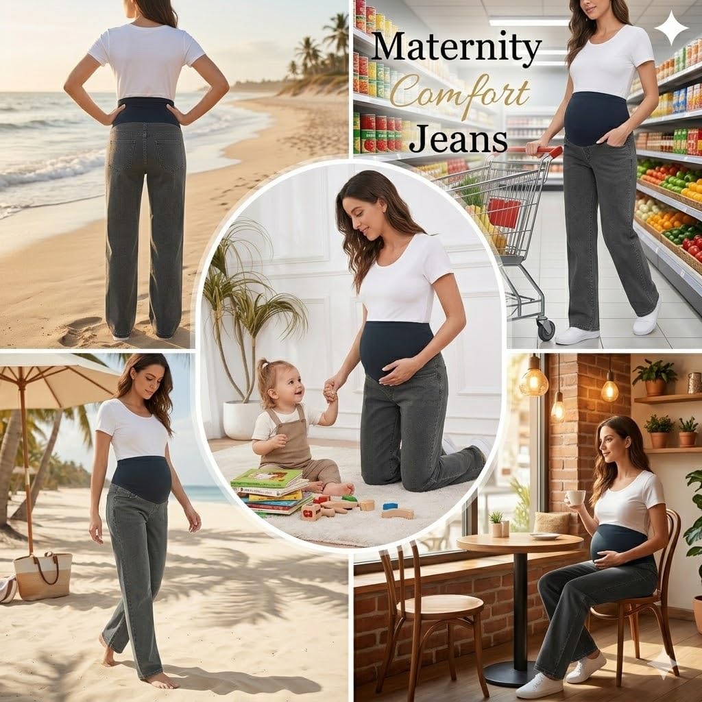 fitglam Women's Maternity Jeans Straight Leg Relaxed Fit Over Belly Pregnancy Denim Work Pants Maternity Clothes with Pockets