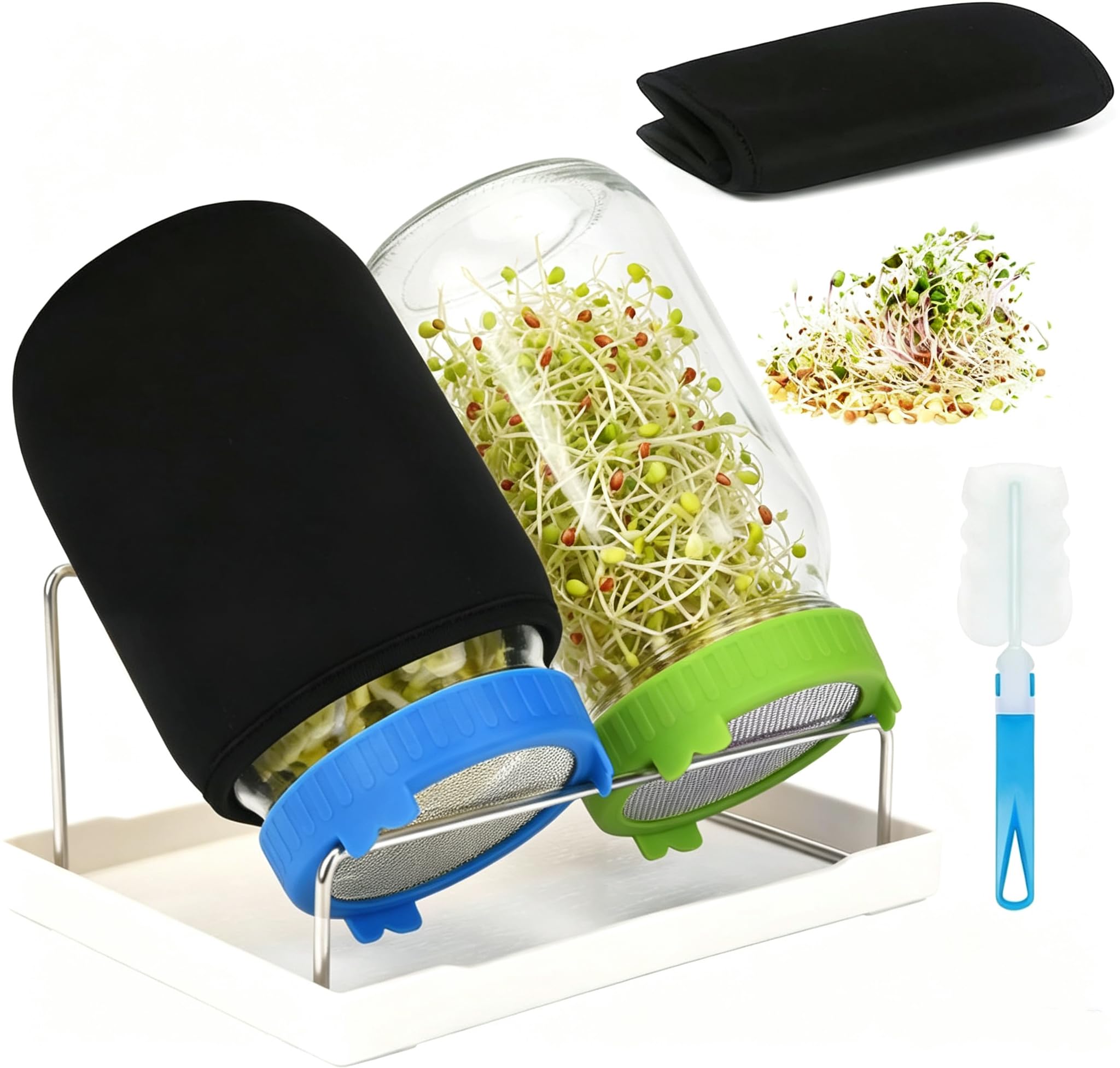 Lulonpon Kit de germination, 2 pots de germination, bocaux Mason à large ouverture avec couvercles en acier inoxydable, kit de culture de germes de 1000 ml, ensemble de germination de graines pour la