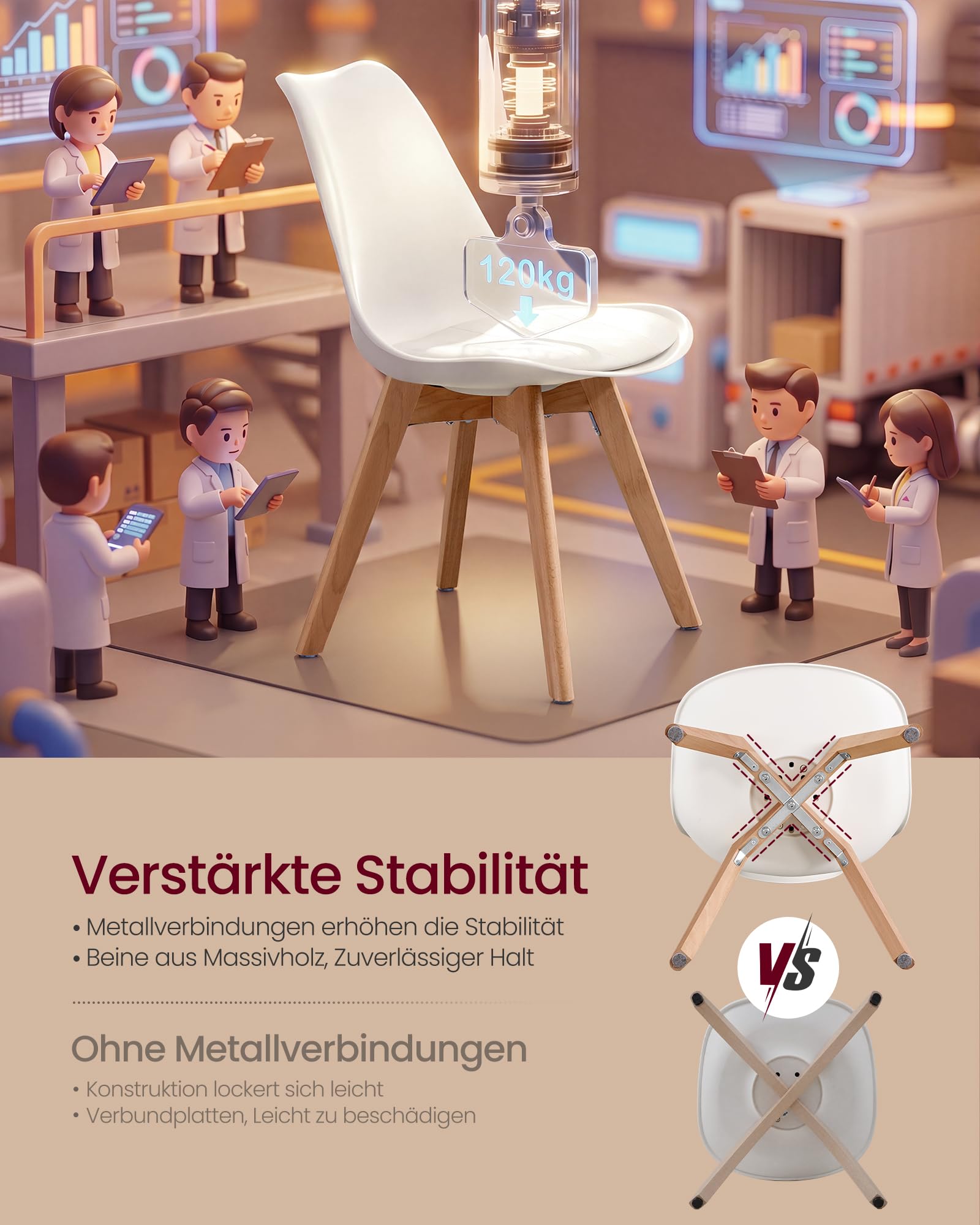 VASAGLE Esszimmerstühle aus PU-Leder und Buchenholz, Gepolsterte Küchenstühle, 2er Set, 46,5 x 57 x 79 cm, Hellwarmweiß, für Esszimmer und Büro, Lenna Kollektion KDC988WD01